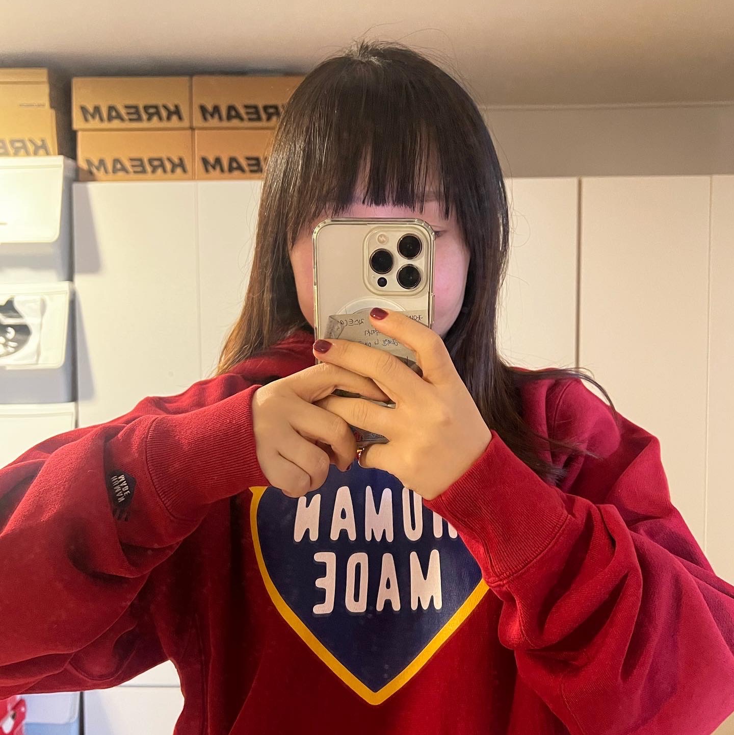 Human Made Heavy Weight Hoodie #2 Red 착용 스타일