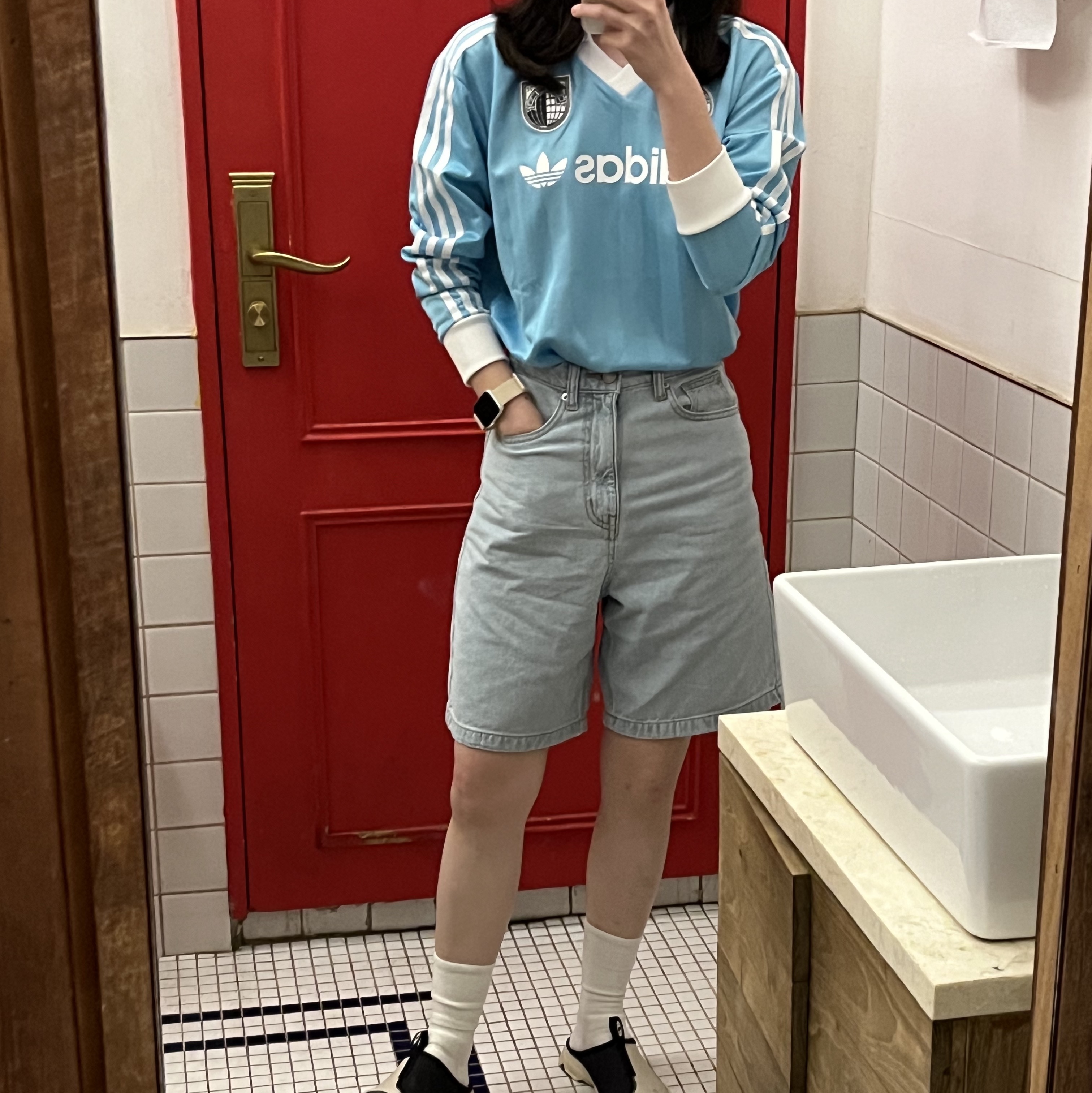 (W) Adidas Football Long Sleeve T-Shirt Light Aqua - KR Sizing 착용 스타일