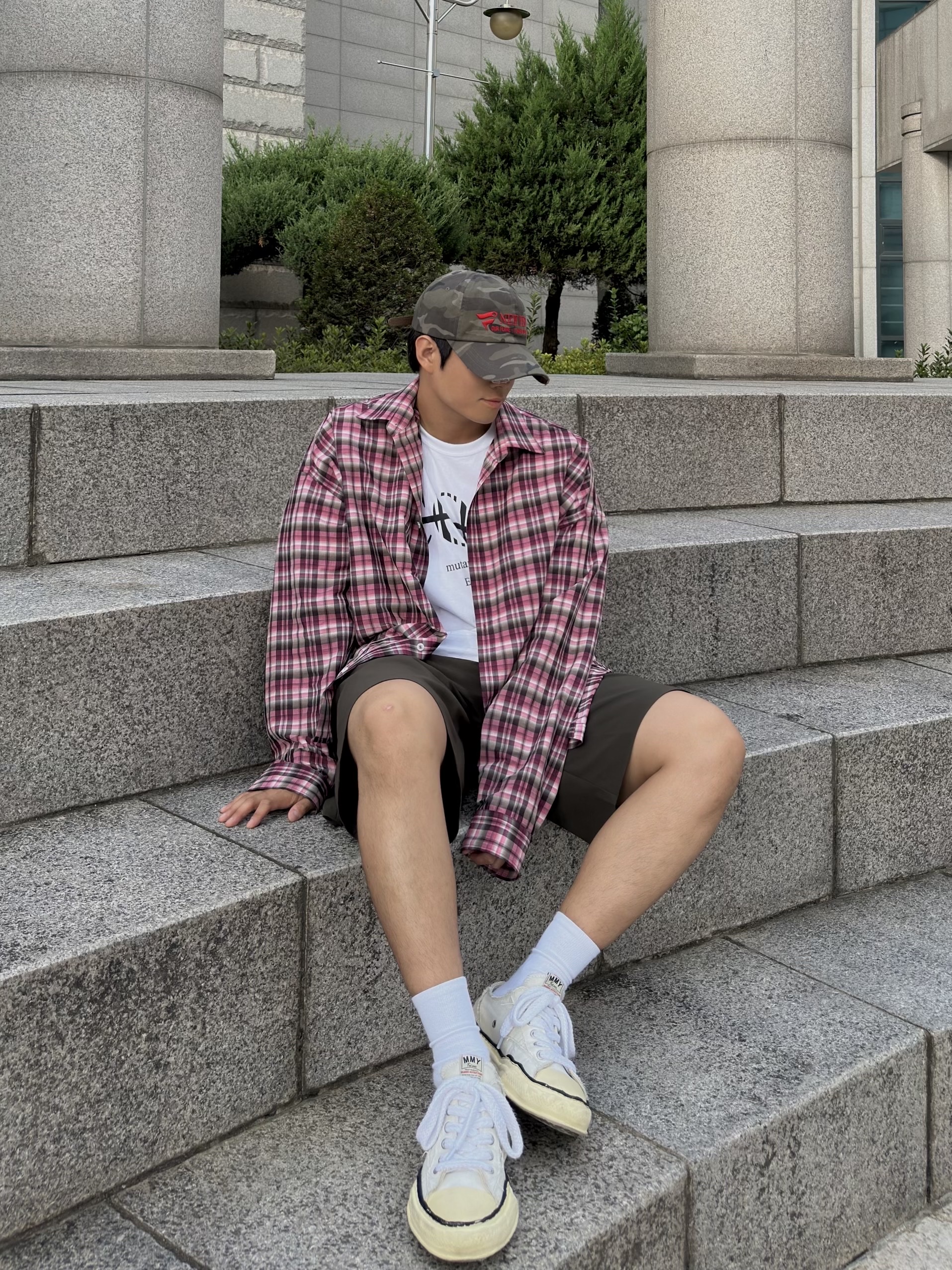 Maison Mihara Yasuhiro Peterson VL OG Sole Canvas Low-top Sneakers White, Nonnod Flexible String Check Shirts Pink 착용 스타일 - 1