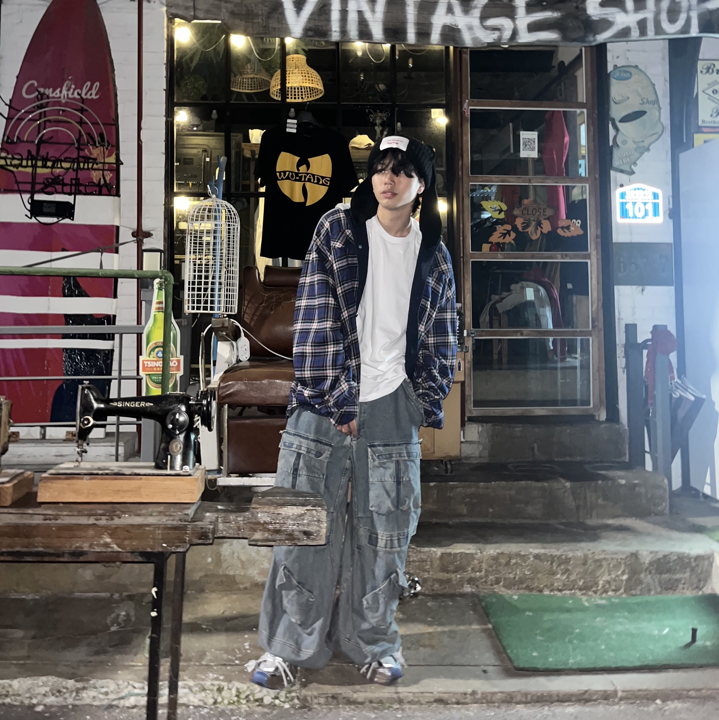 Charles Jeffrey Loverboy Chunky Rabbit Beanie Black, Project G/R Reversible Hoodie Check Shirts Navy 착용 스타일 - 1
