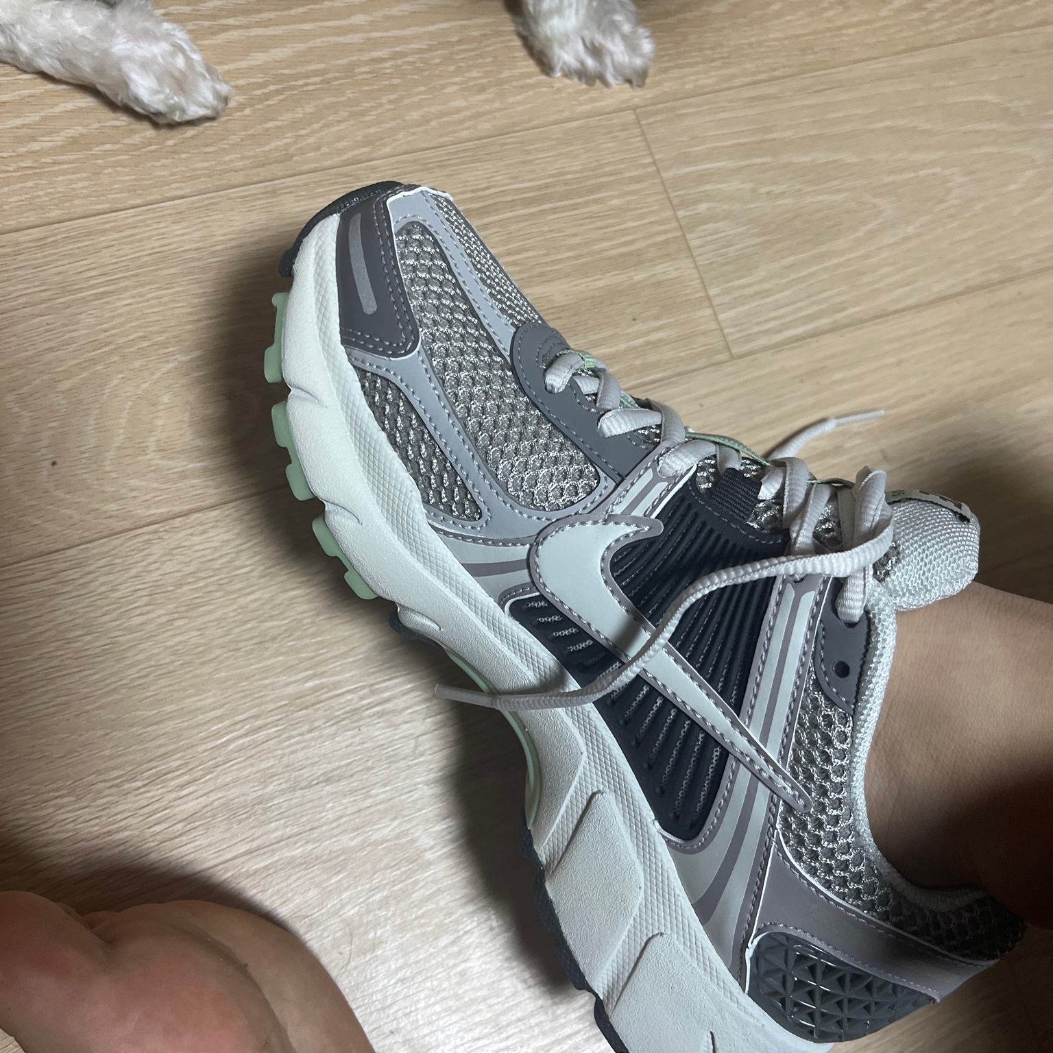 (W) Nike Zoom Vomero 5 Cobblestone and Flat Pewter 착용 스타일 - 2