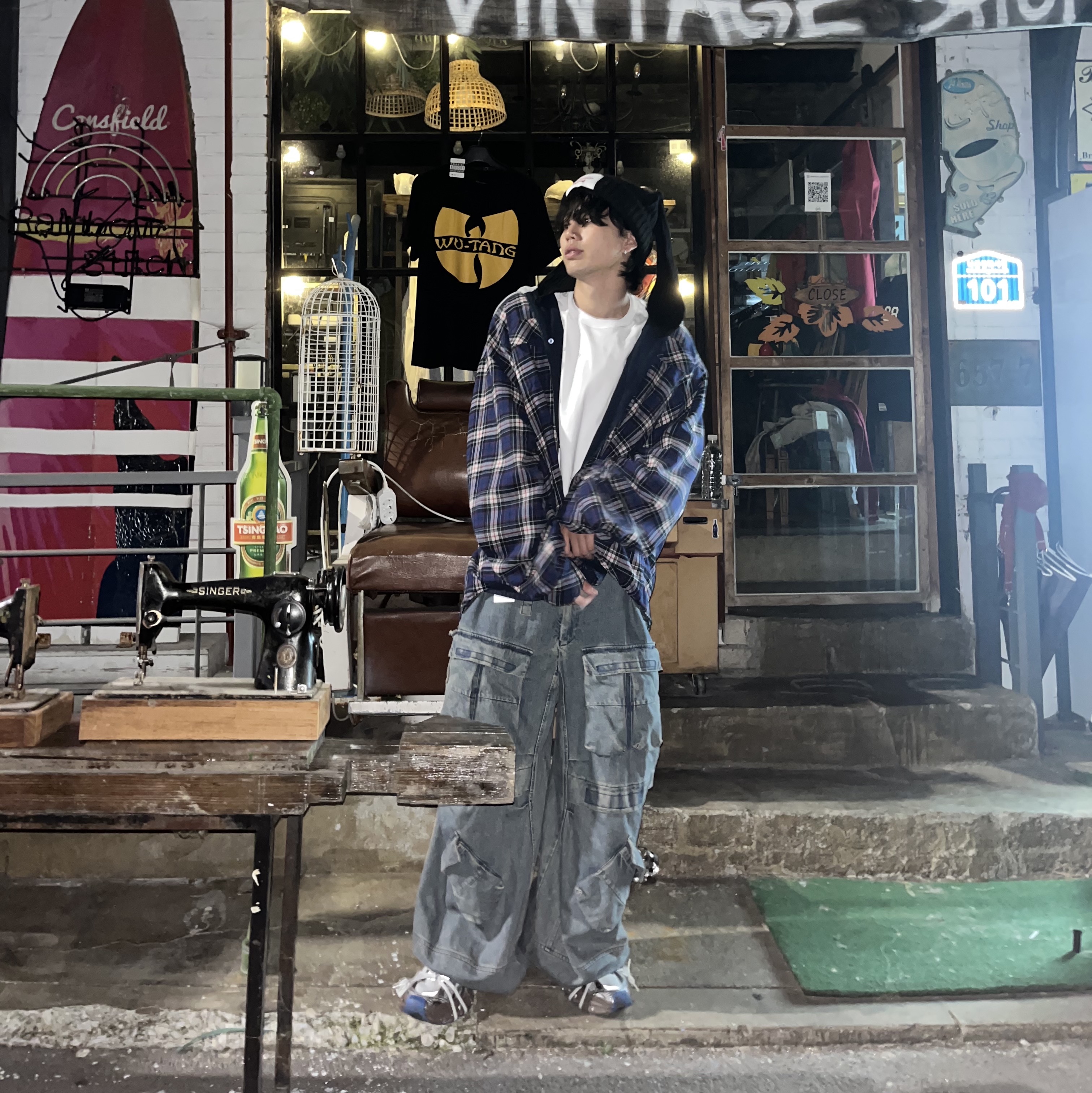 Charles Jeffrey Loverboy Chunky Rabbit Beanie Black, Project G/R Reversible Hoodie Check Shirts Navy 착용 스타일 - 3