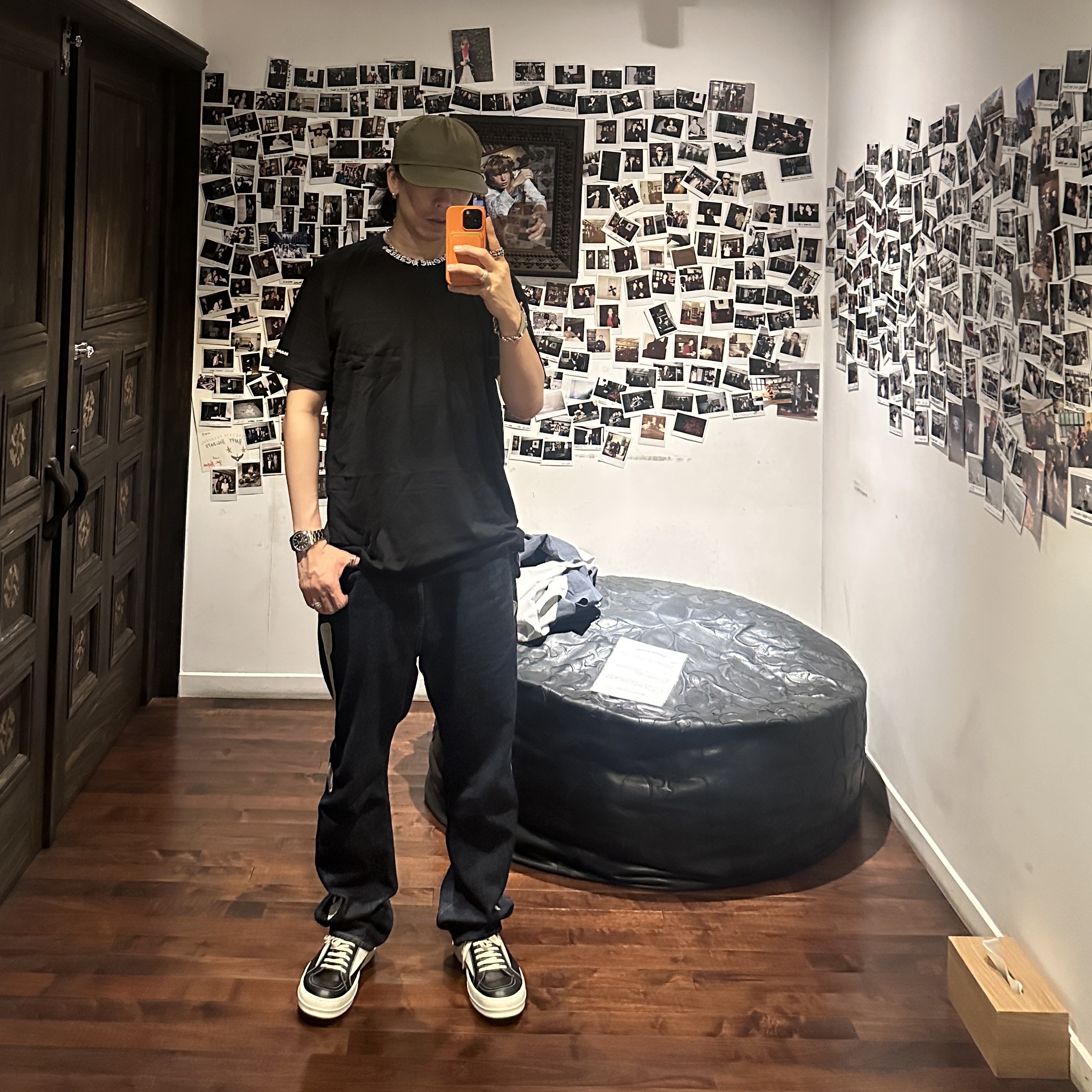 Kapital 12.5 oz. Denim Mexican Tuxedo 5P Okagilly Pants Indigo, Rick Owens Luxor Vintage Sneakers Black Milk 착용 스타일
