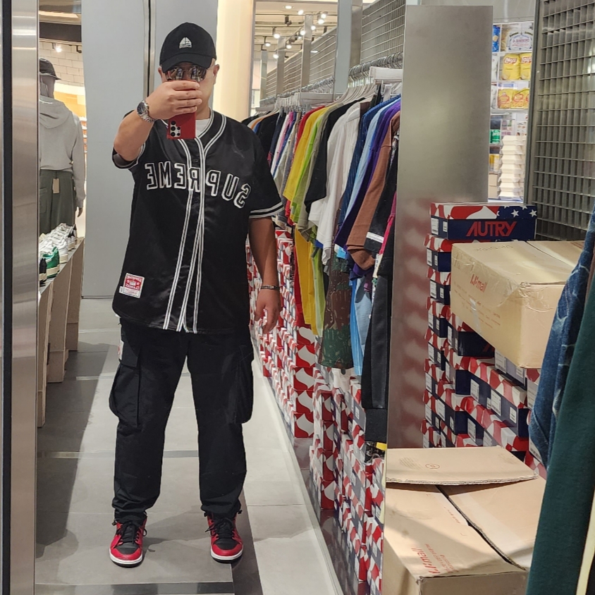 Supreme Mitchell & Ness Satin Baseball Jersey Black - 23SS, Supreme x Nike ACG Denim 6-Panel Black - 22FW 착용 스타일