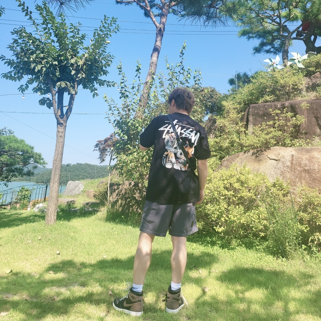 Stussy Kittens T-Shirt Black, Stussy x Our Legacy Work Shop Water Shorts Charcoal 착용 스타일