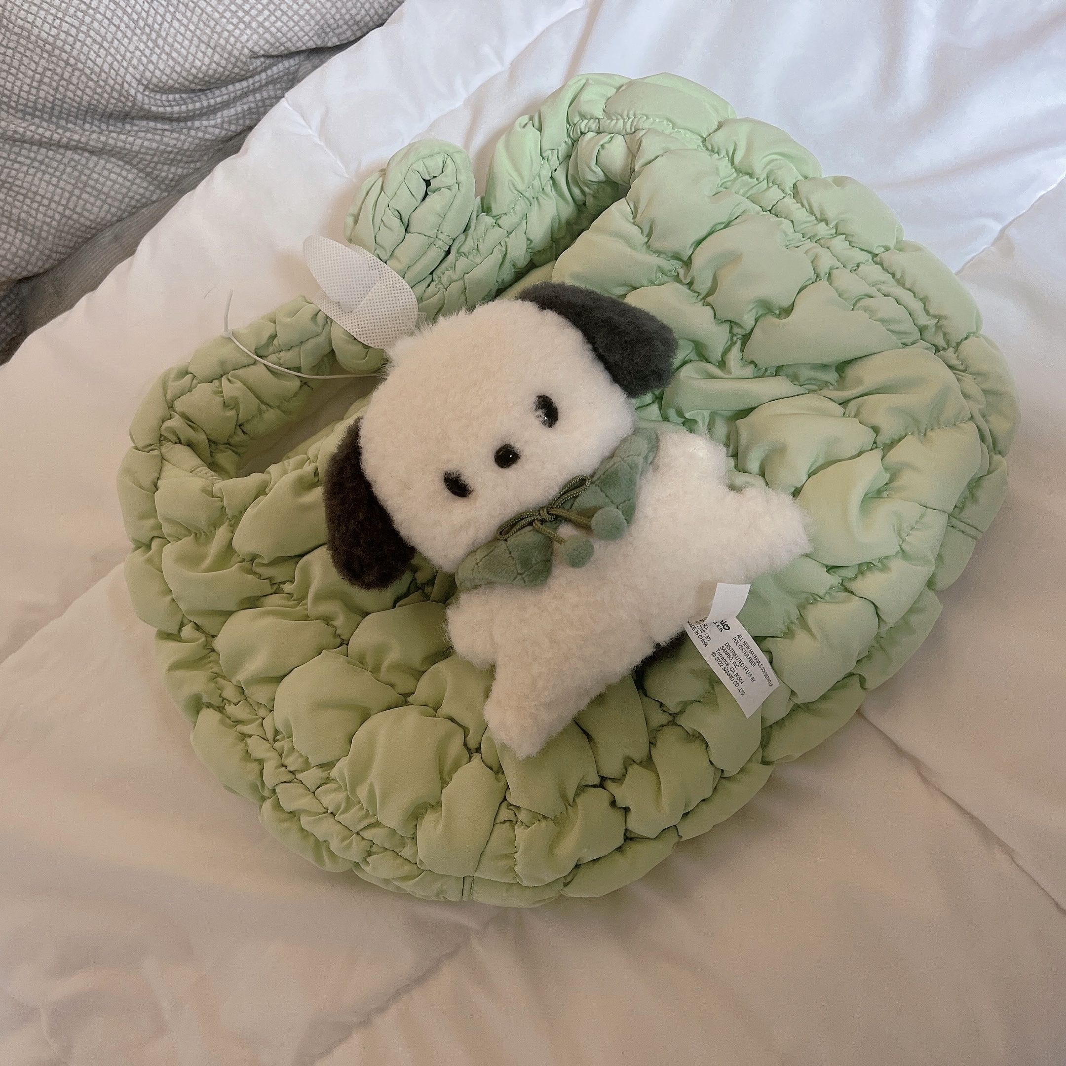 Sanrio Pochacco Pote Moko Series Mascot Holder, COS Quilted Mini Bag Green 착용 스타일