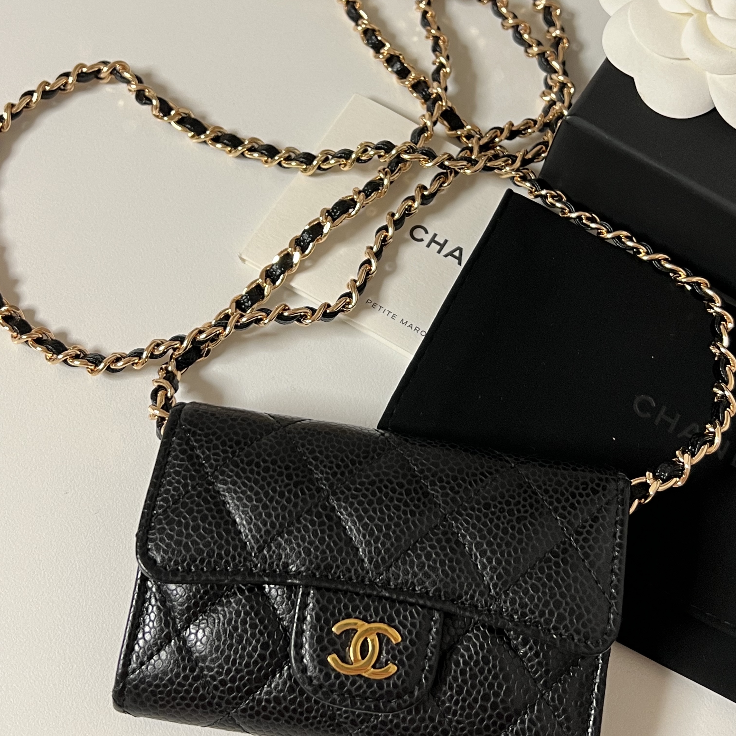 Chanel Classic Card Holder Grained Calfskin & Gold Black 착용 스타일 - 2