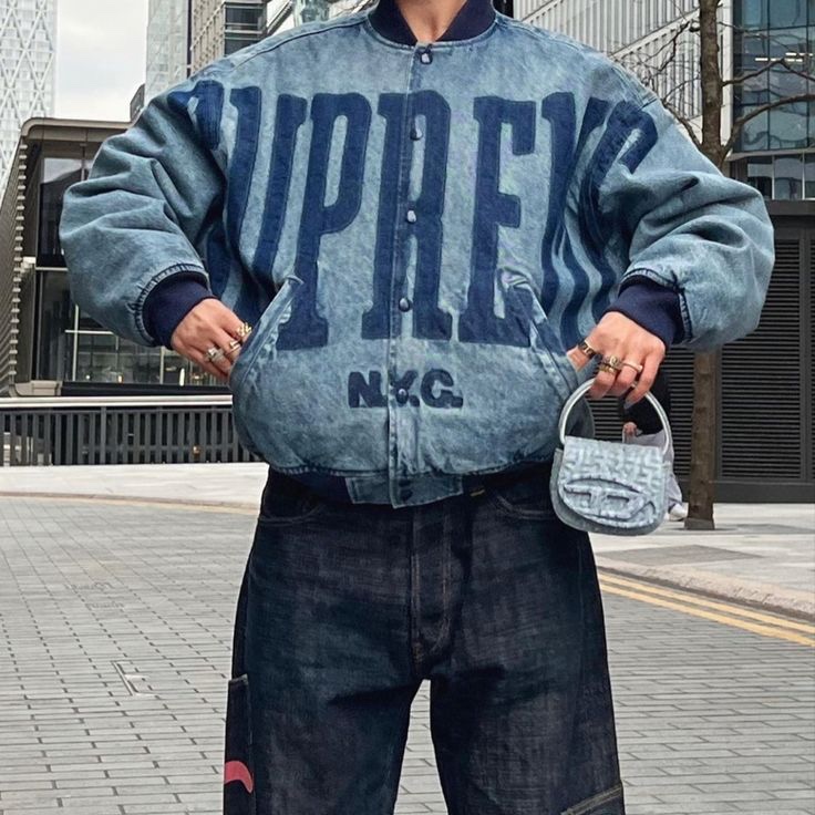 Celine Teddy Jacket in Corduroy Black, Supreme Washed Knockout Denim Varsity Jacket Washed Blue - 23SS 착용 스타일 - 3