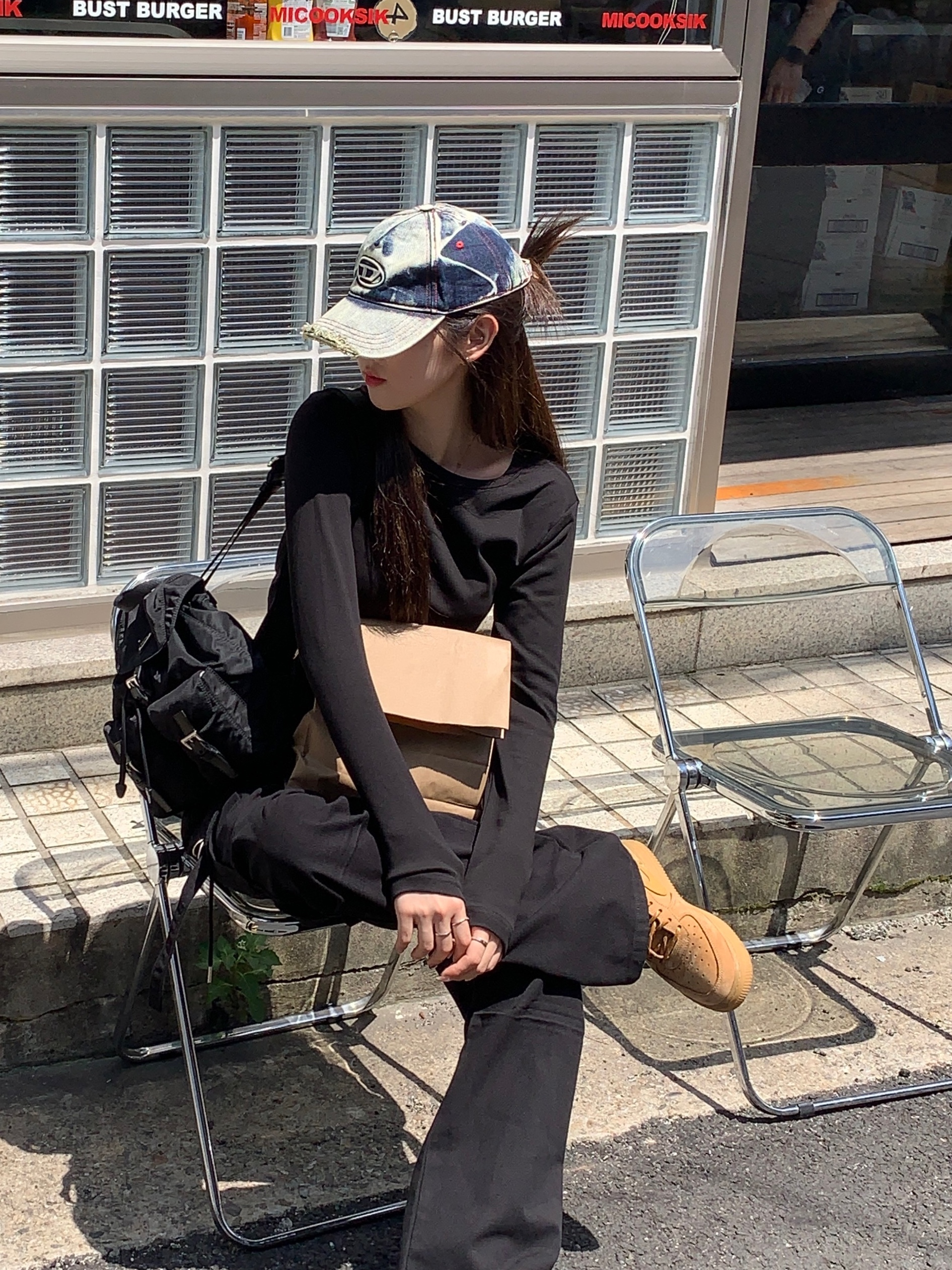 Diesel C-Seymon Treated Denim Baseball Cap Blue White 착용 스타일 - 3