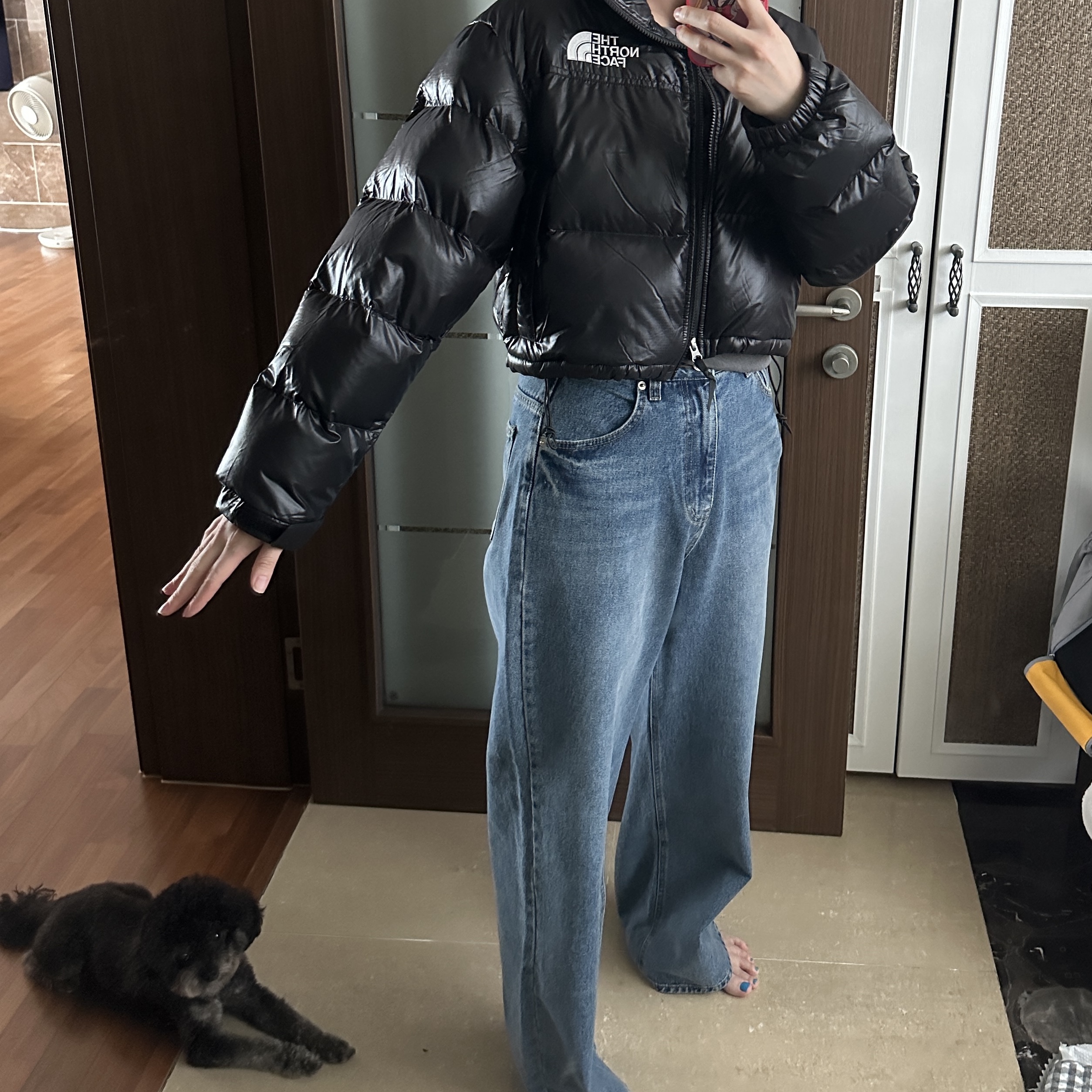 (W) The North Face Nuptse Short Jacket Black 착용 스타일 - 4