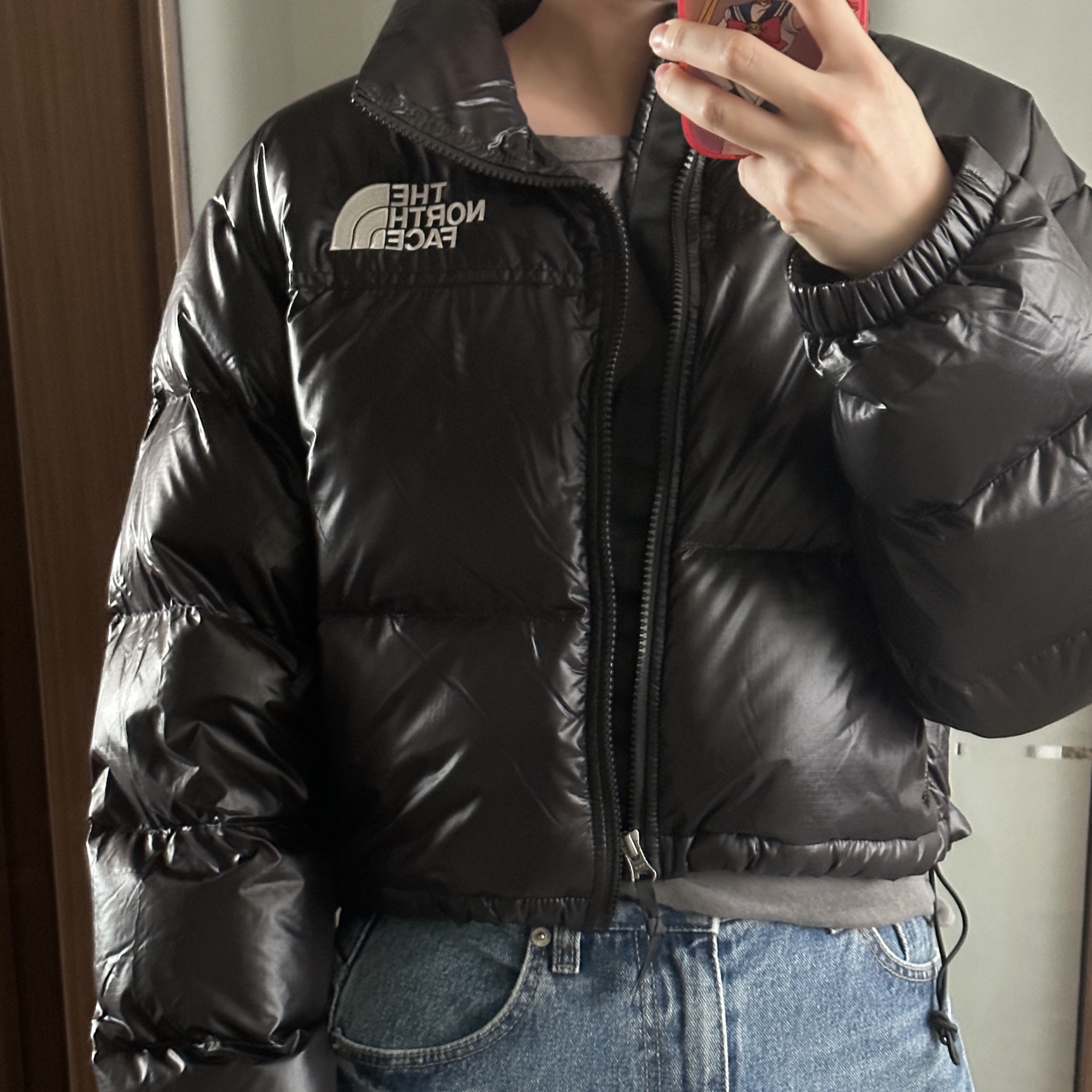 (W) The North Face Nuptse Short Jacket Black 착용 스타일 - 3