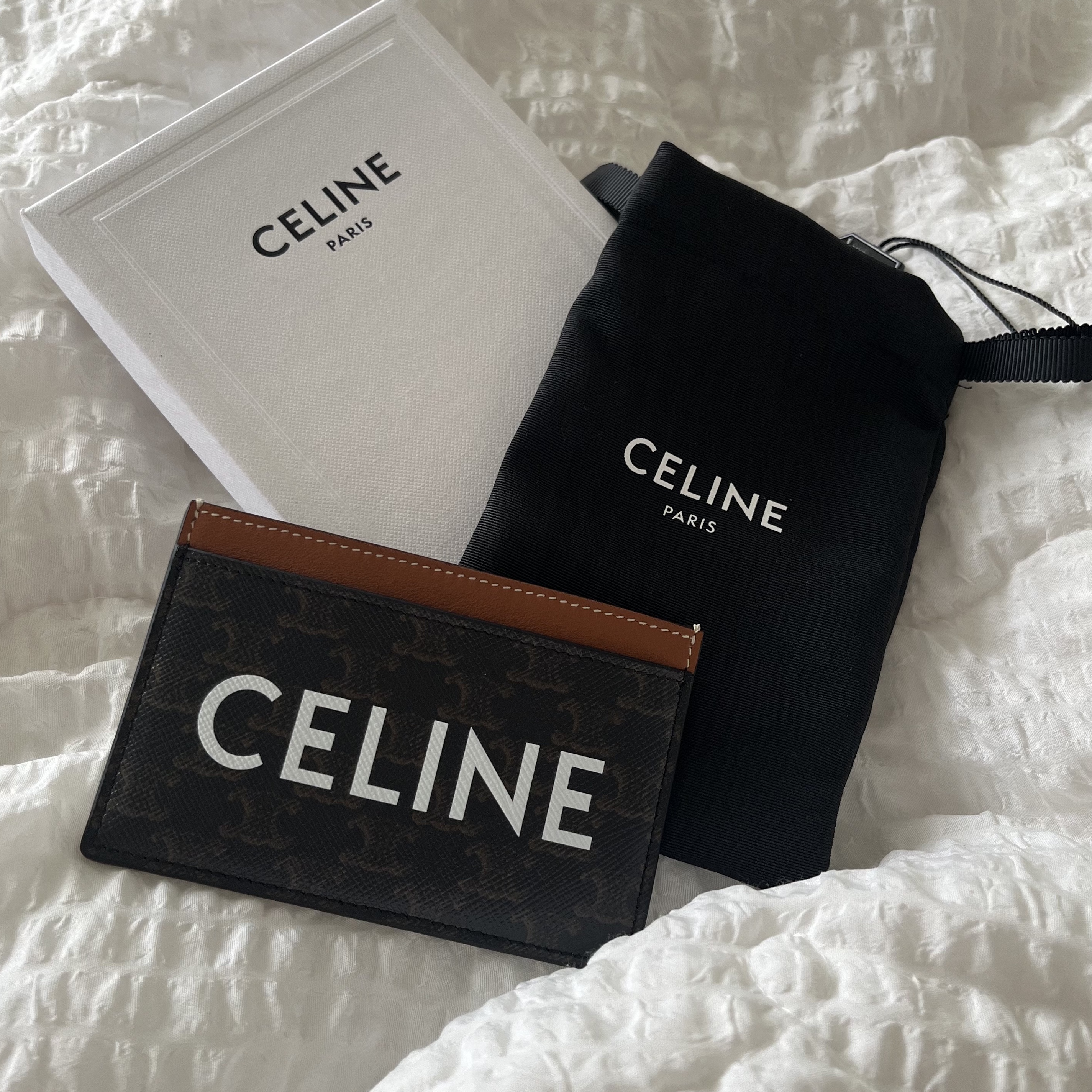 Celine Card Holder in Triomphe Canvas with Celine Print Tan 착용 스타일