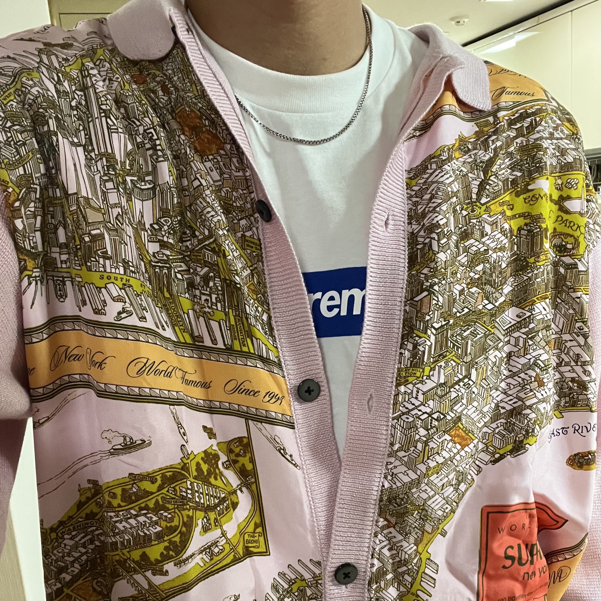 Supreme Silk Map Cardigan Pink - 23FW, Supreme Seoul Box Logo T-Shirt White - 23FW 착용 스타일