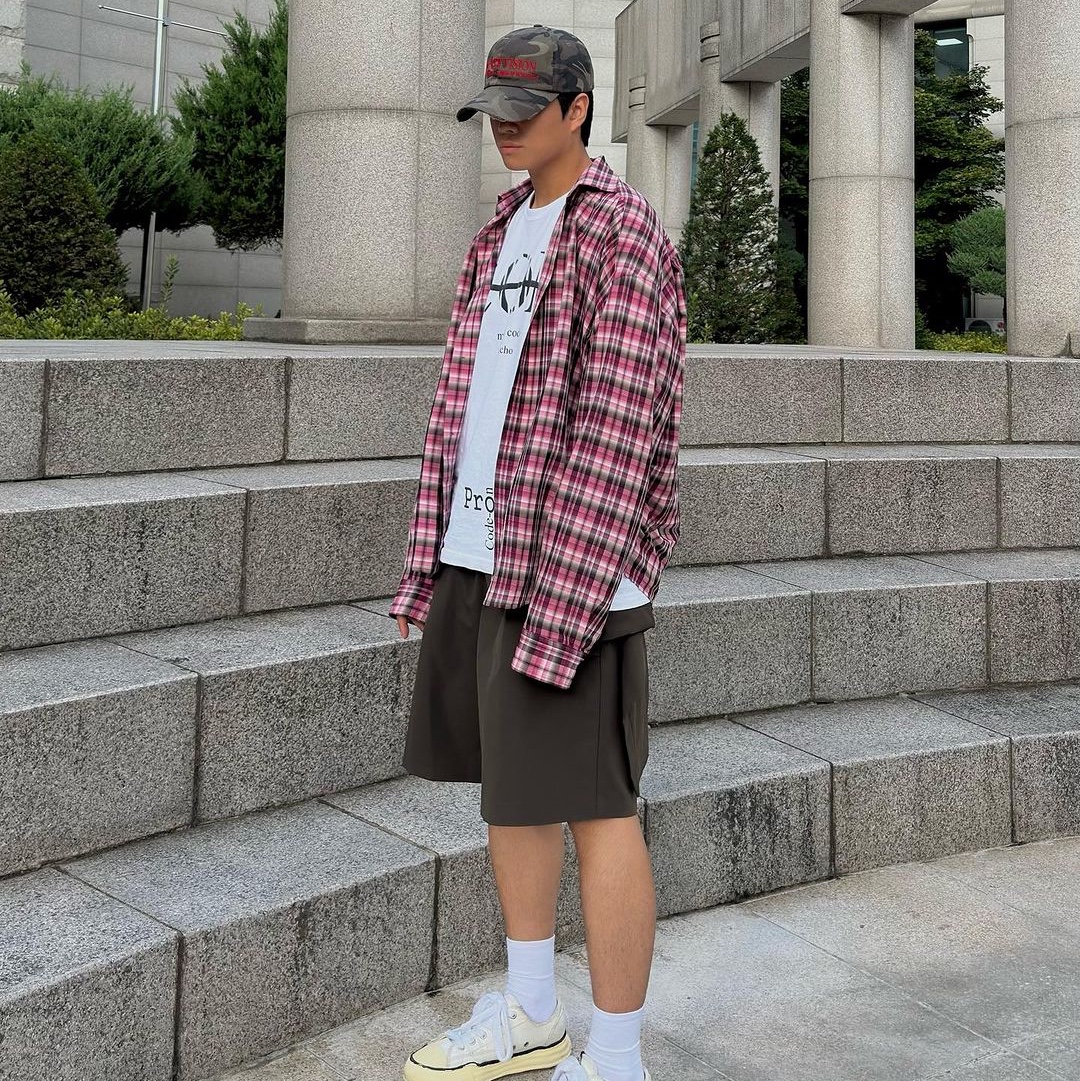 Nonnod Flexible String Check Shirts Pink 착용 스타일 - 2