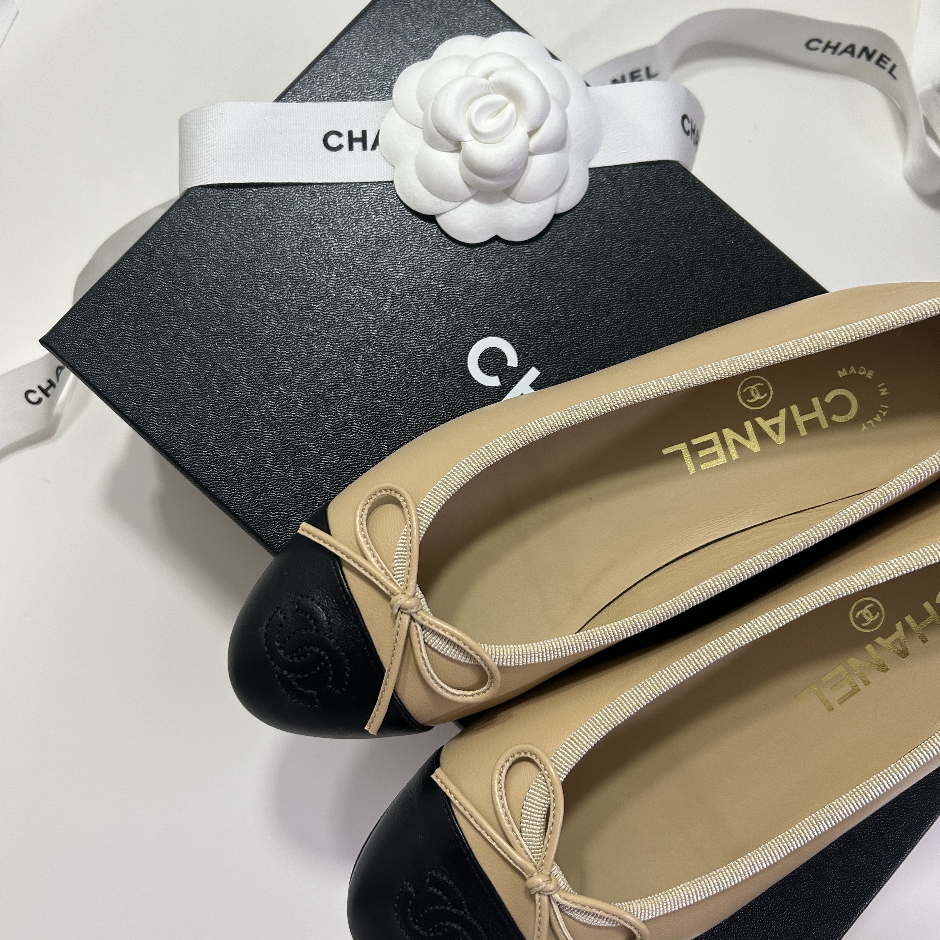 (W) Chanel Ballerina Flat Lambskin & Beige Black 착용 스타일