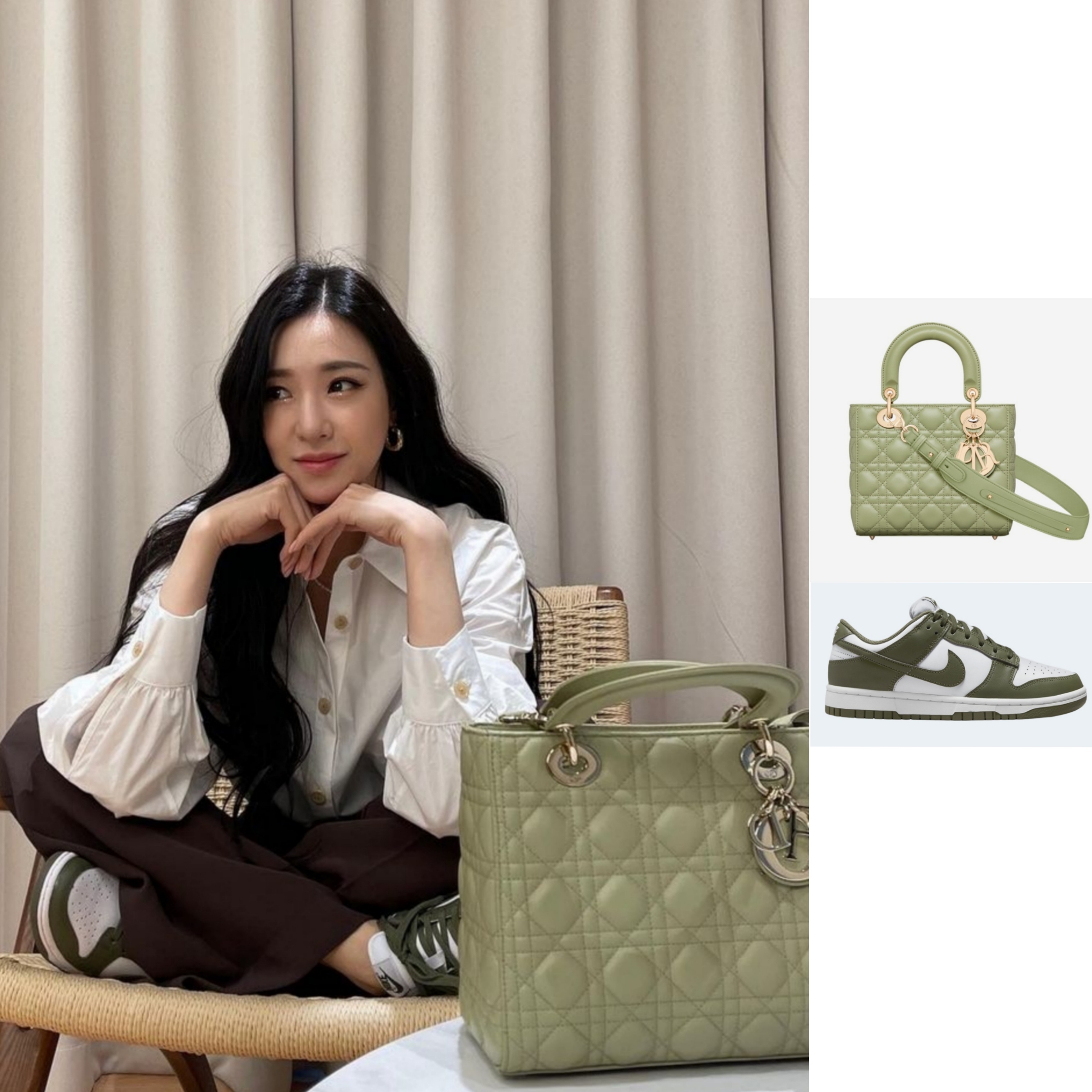 Dior Small Lady Bag My ABCDior Cannage Lambskin Ethereal Green, (W) Nike Dunk Low Medium Olive 착용 스타일 - 1