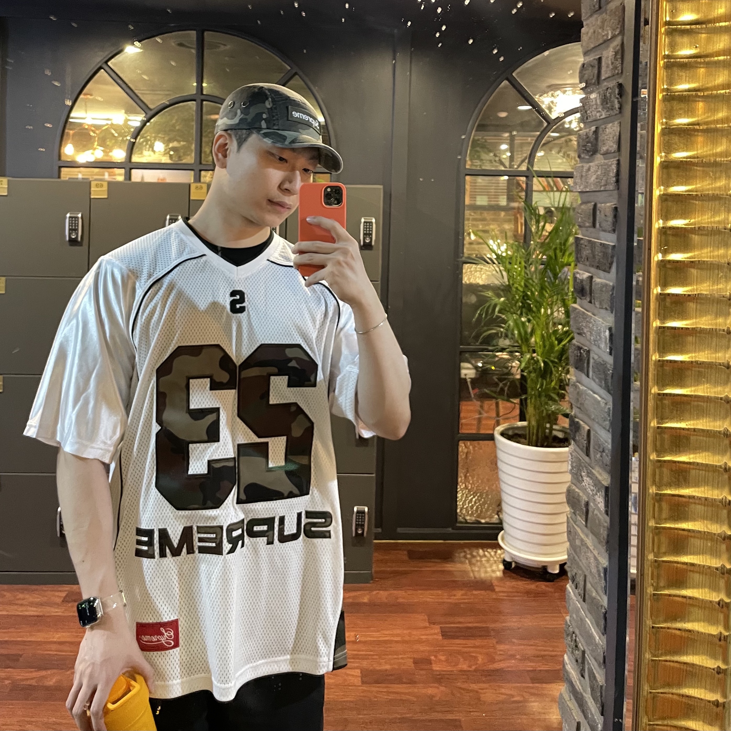 Supreme Perfect Season Football Jersey White - 23SS, Supreme Military Camp Cap Olive Camo - 23SS 착용 스타일