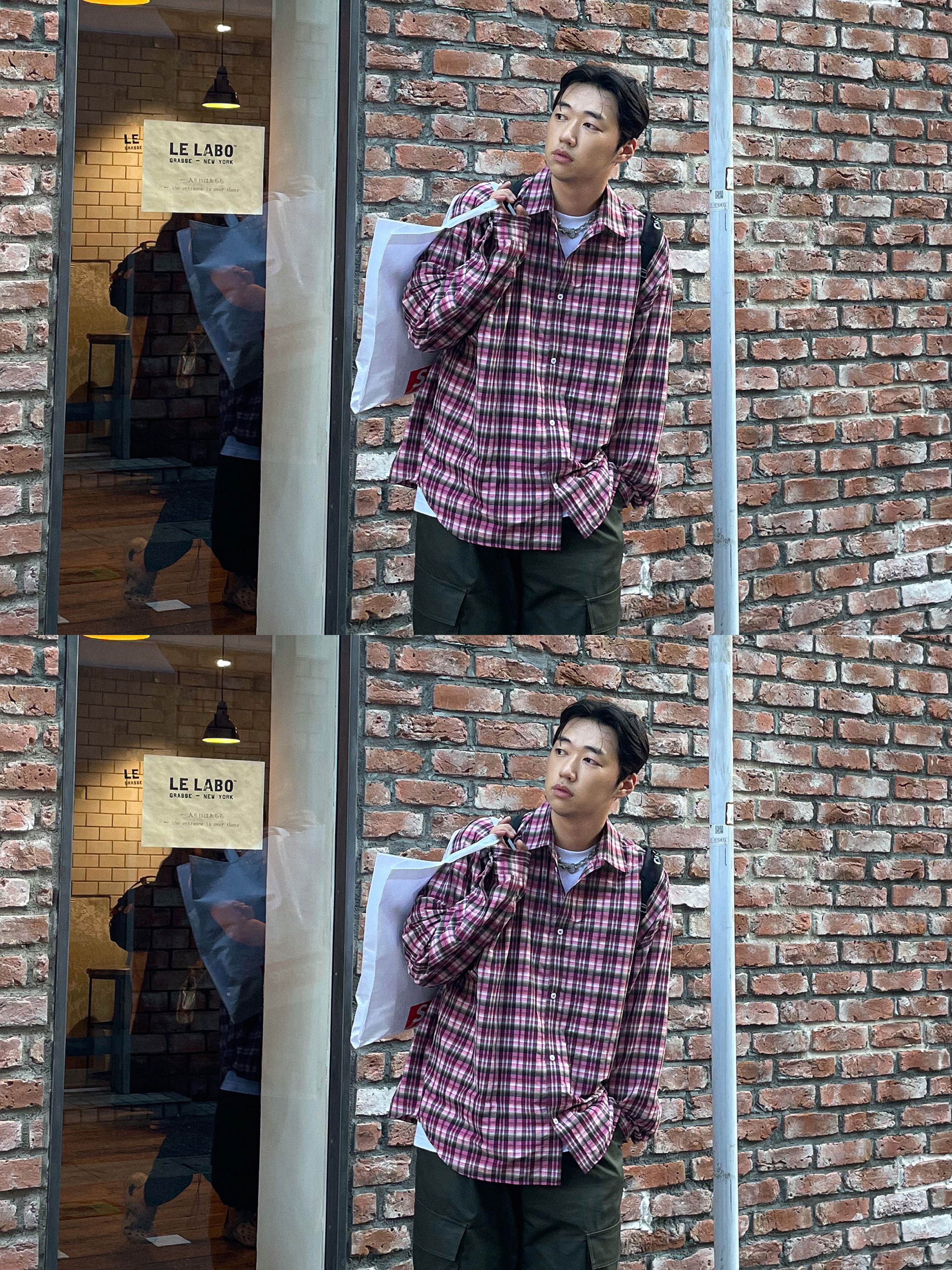 Nonnod Flexible String Check Shirts Pink 착용 스타일 - 2