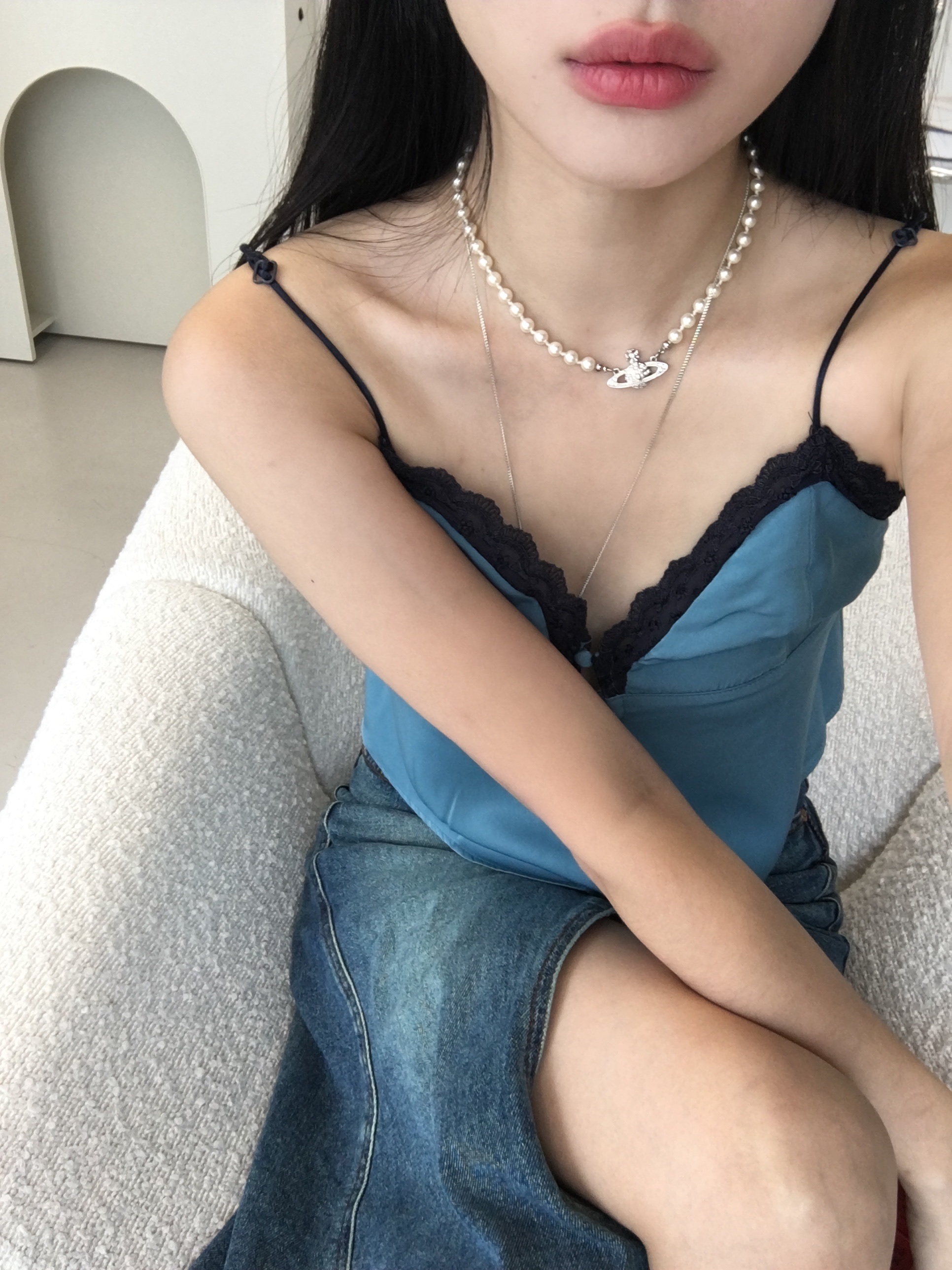 Vivienne Westwood Mini Bas Relief Choker Silver, Nff Heart Pearl Bracelet Silver 착용 스타일 - 2