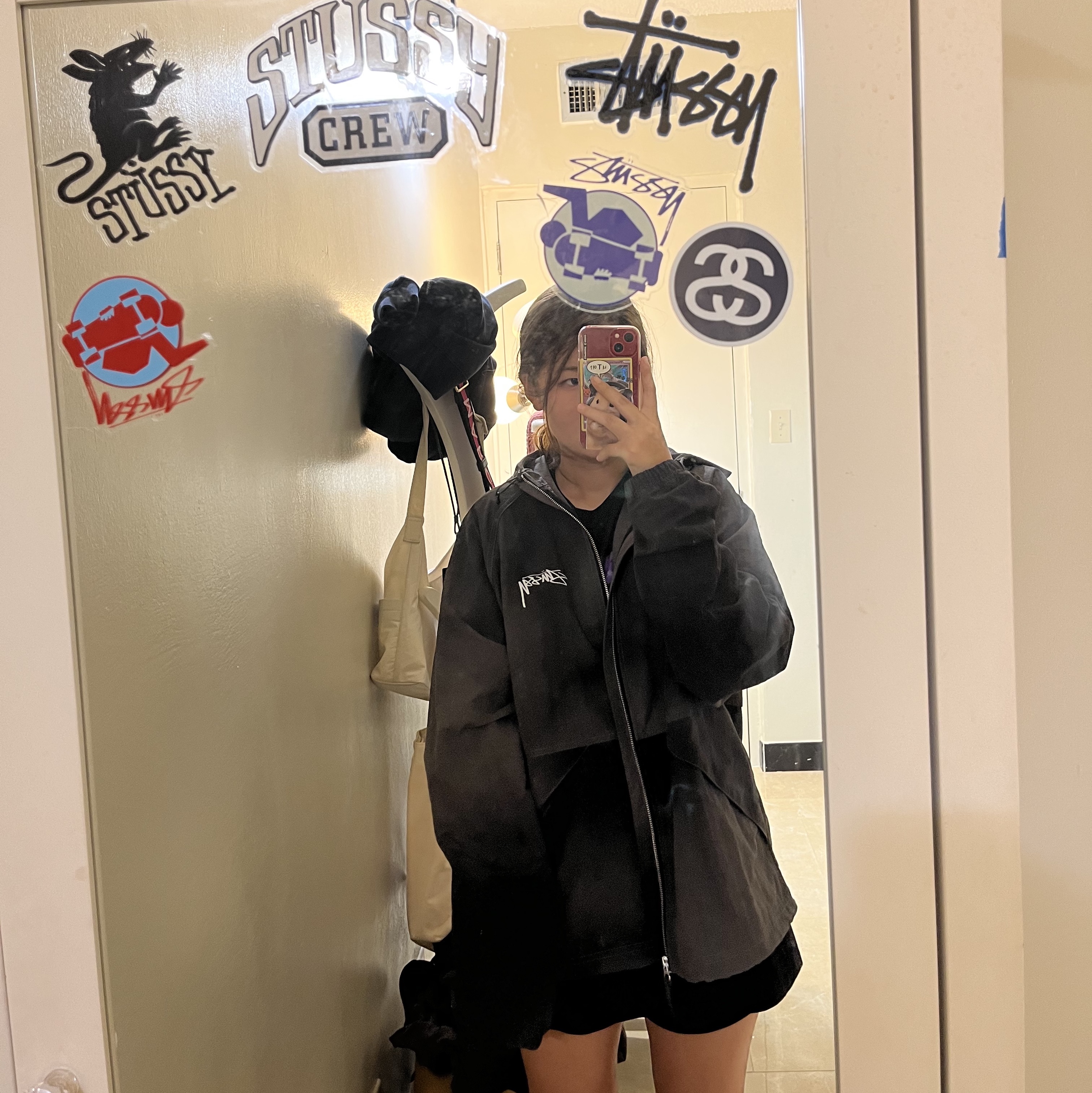 Stussy Rib Cage LS T-Shirt Black, Stussy Wave Dye Beach Shell Jacket Black 착용 스타일 - 2