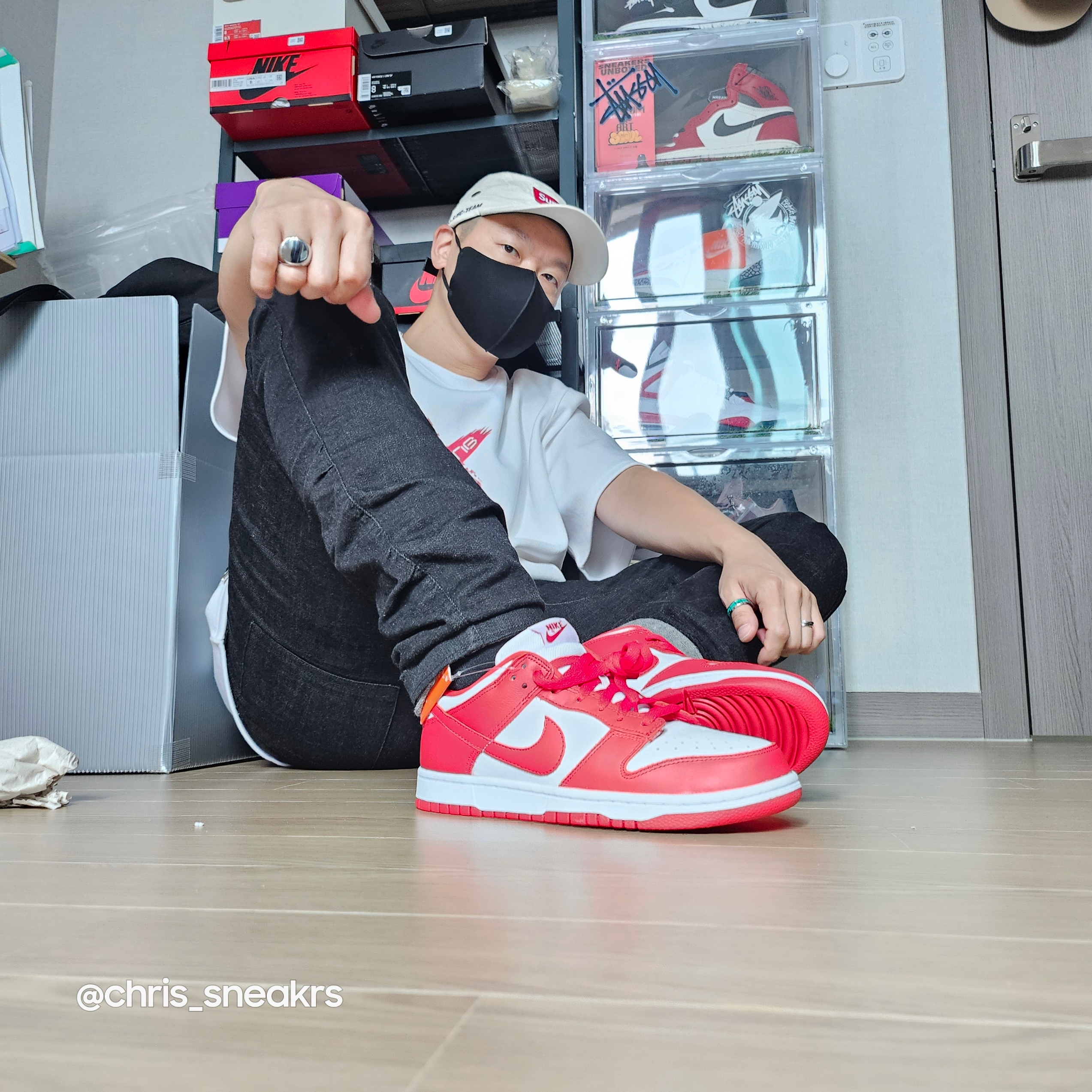 Nike Dunk Low SP White and University Red 2023, Supreme Military Camp Cap Stone - 22SS 착용 스타일 - 2