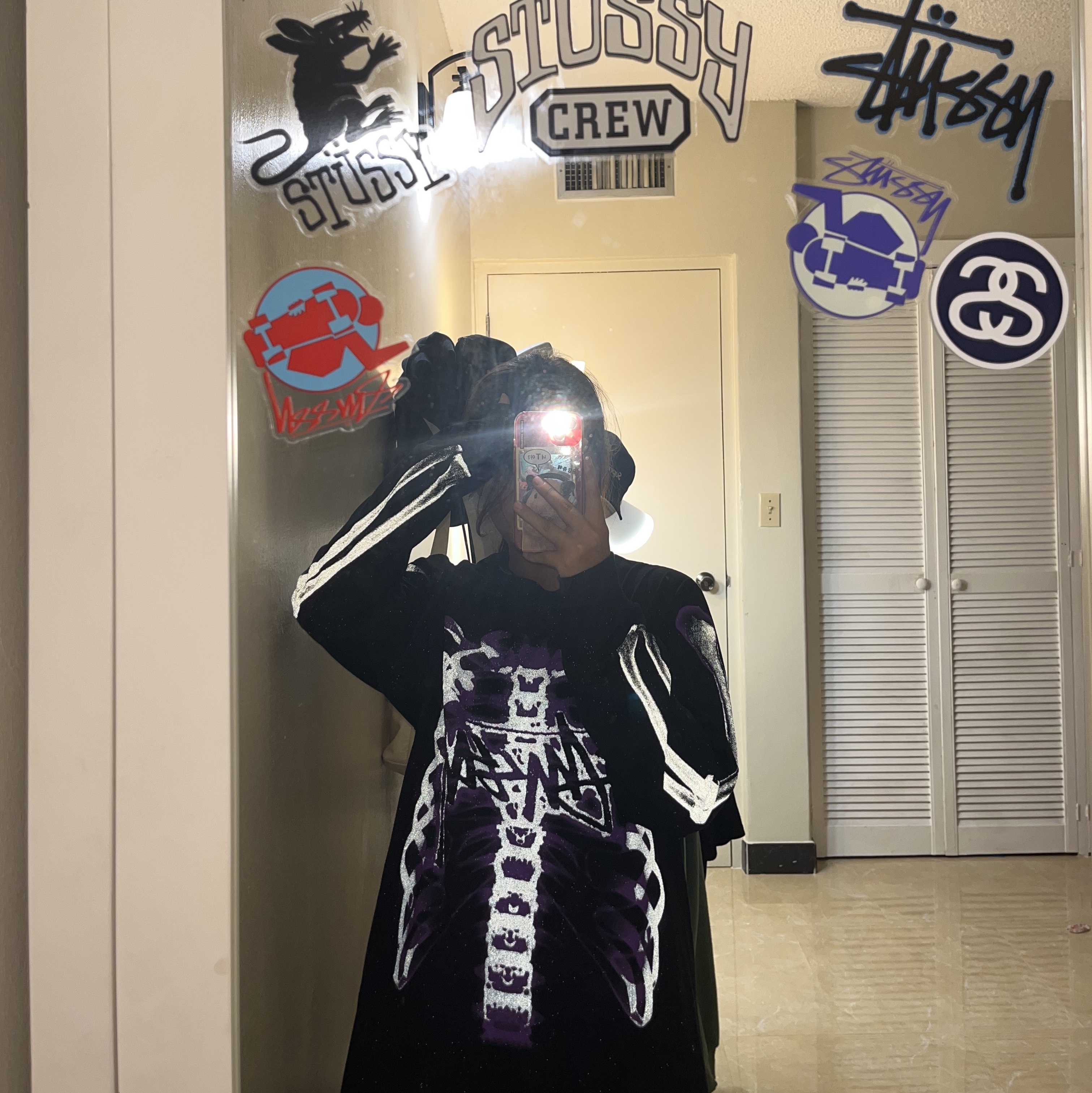 Stussy Rib Cage LS T-Shirt Black, Stussy Wave Dye Beach Shell Jacket Black 착용 스타일 - 1