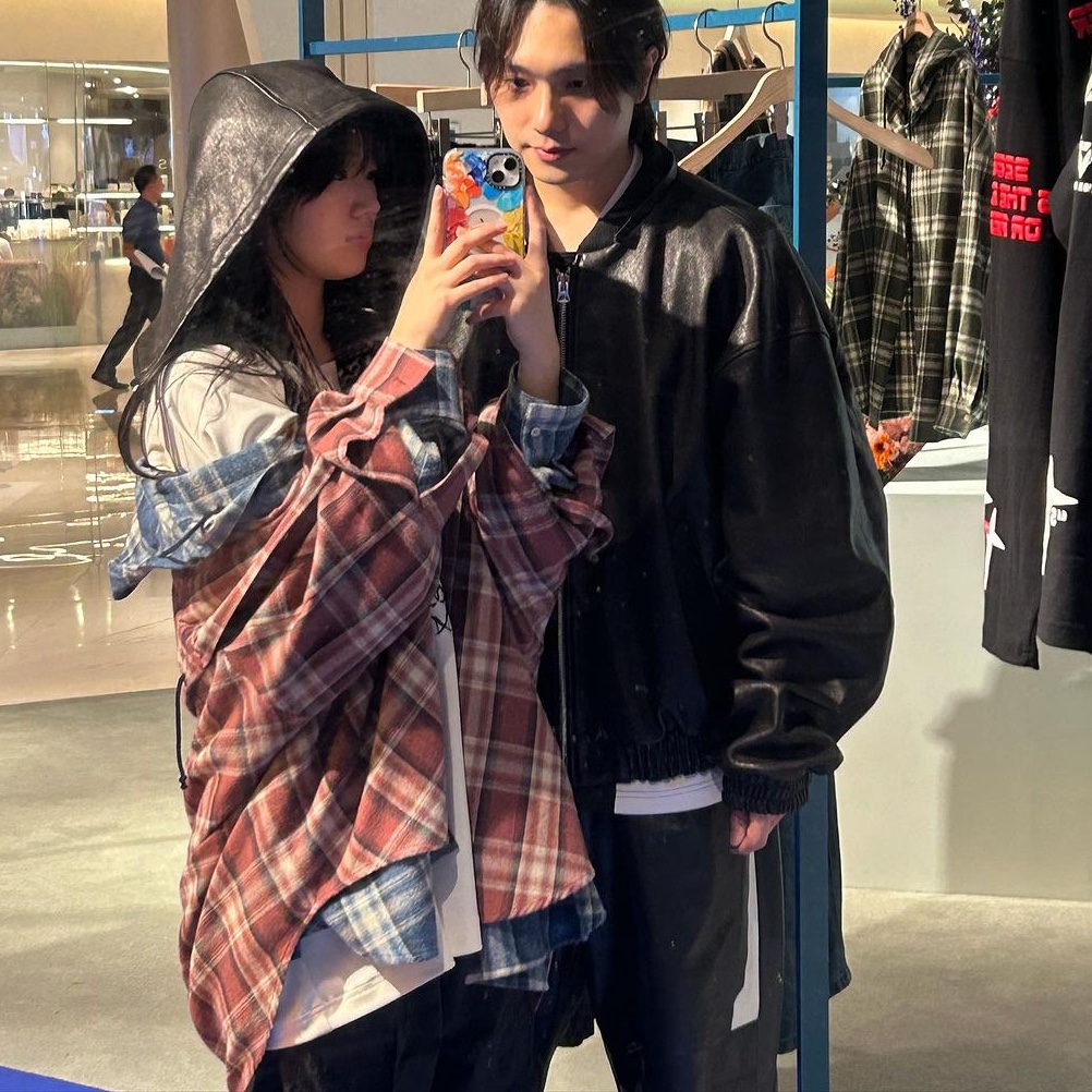 Ourpas 077 Check Hoodie Cherry, Ourpas 077 Check Hoodie Pale Blue 착용 스타일 - 2
