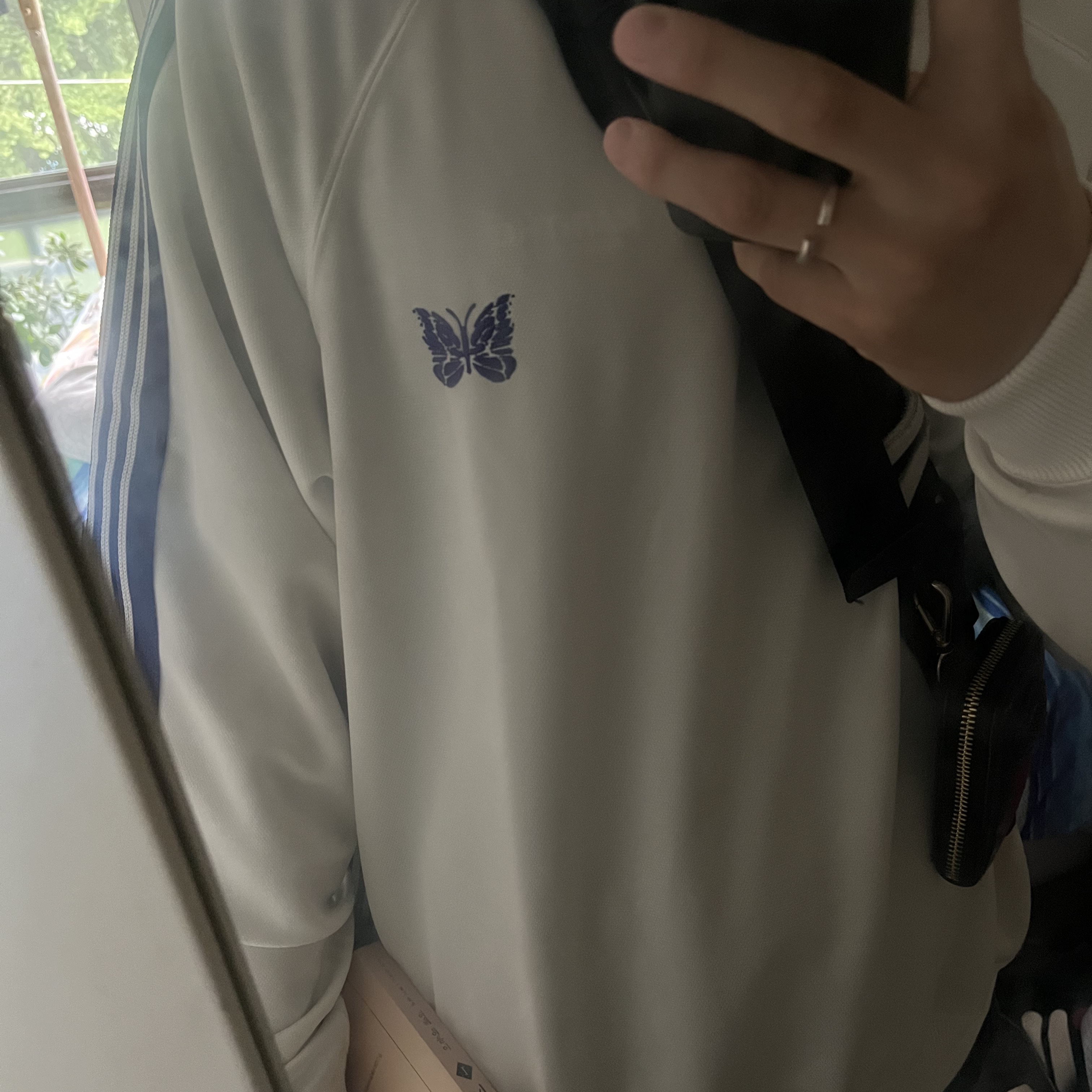 Needles Track Crewneck Poly Smooth Ice White 착용 스타일