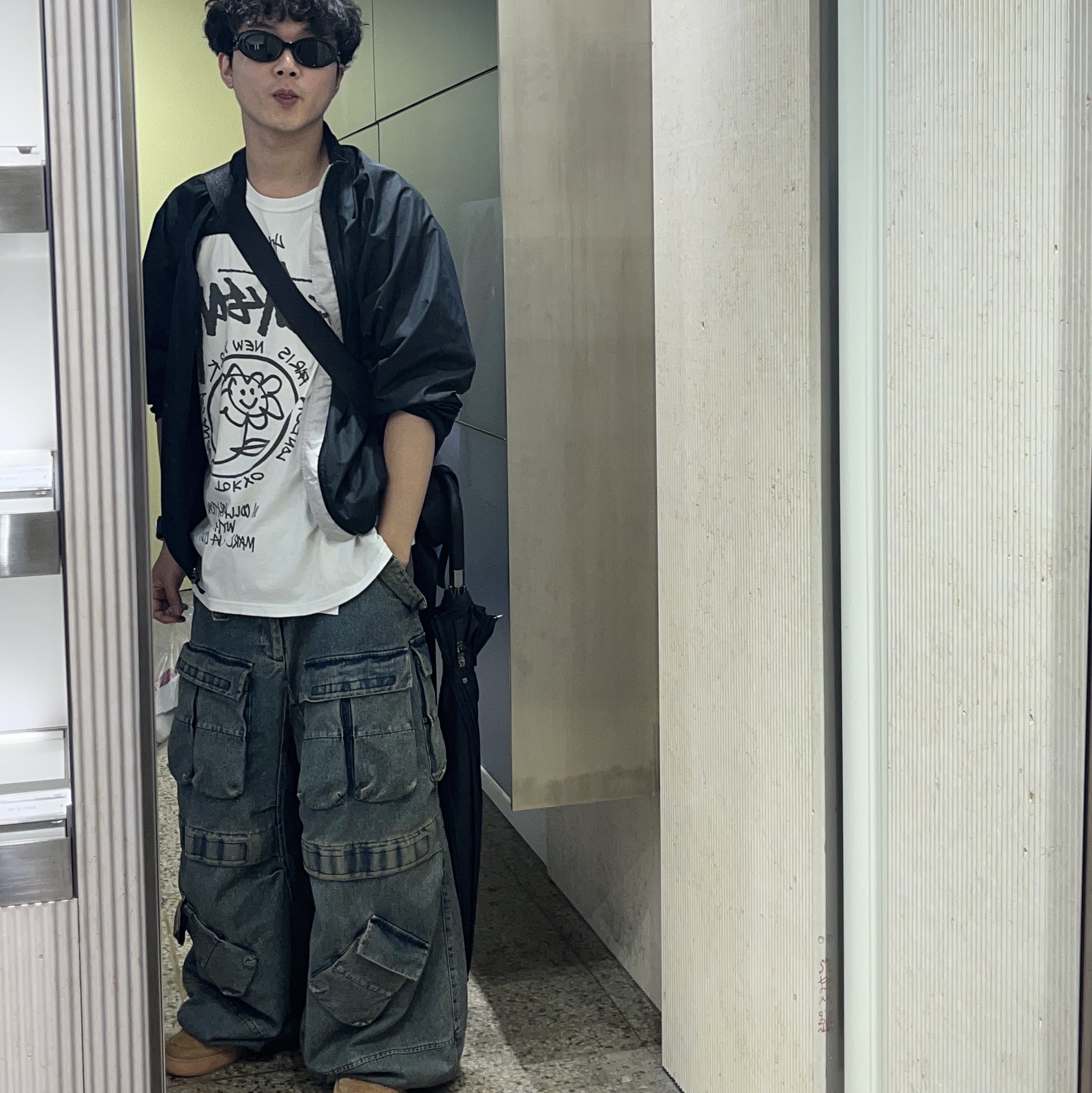 Stussy x Marc Jacobs 40 WT T-Shirt, [KREAM 단독] Ourpas 030 Wide Cargo Denim Blue 착용 스타일