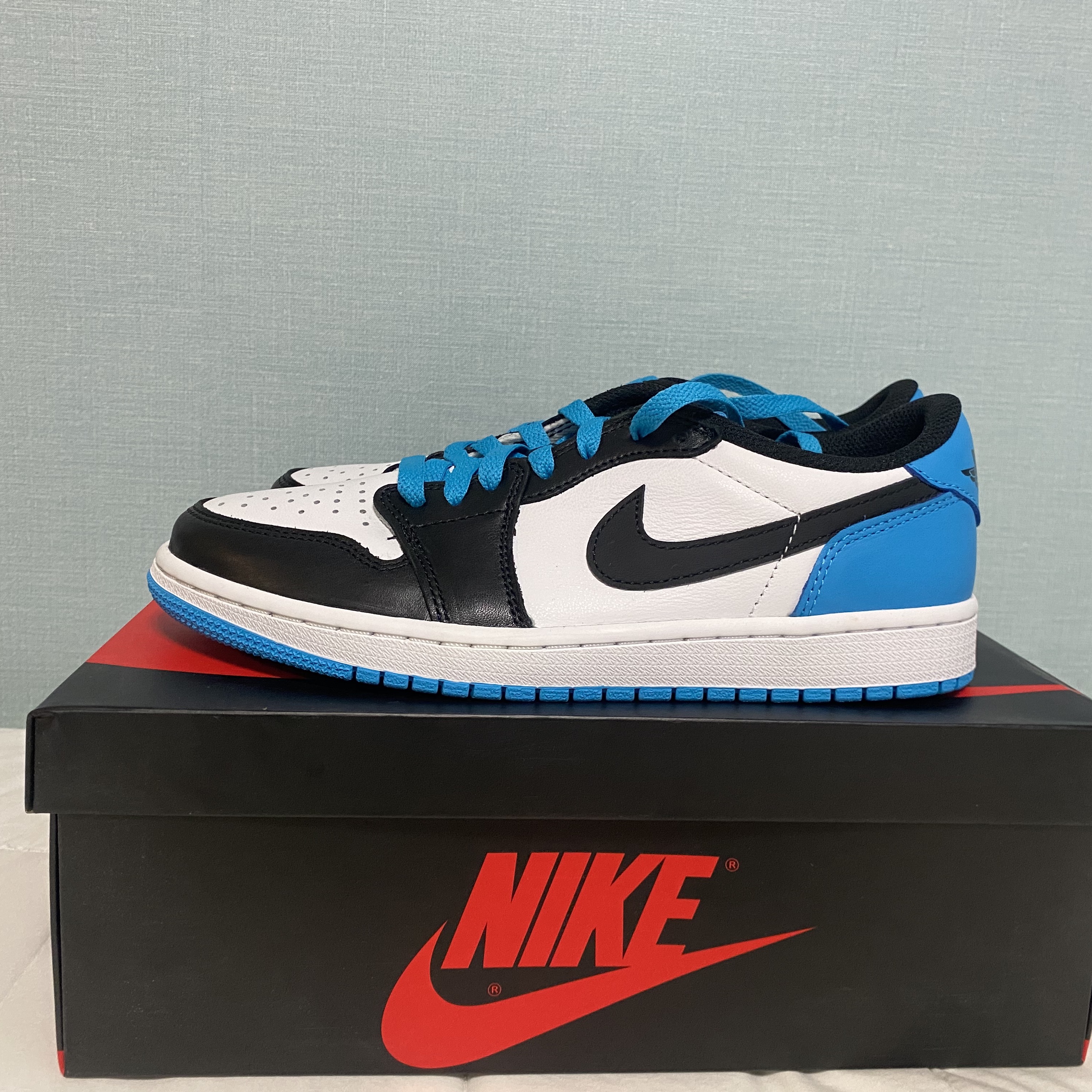 Jordan 1 Retro Low OG Black and Dark Powder Blue 착용 스타일 - 1