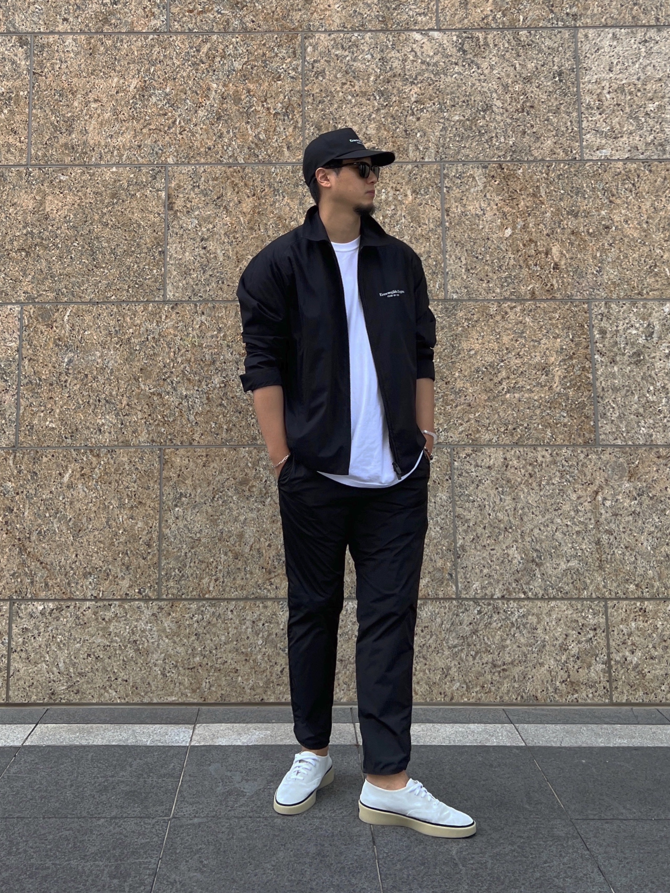 Fear of God x Ermenegildo Zegna Cotton Baseball Cap Black, Fear of God x Ermenegildo Zegna Cotton Blend Souvenir Jacket Black 착용 스타일