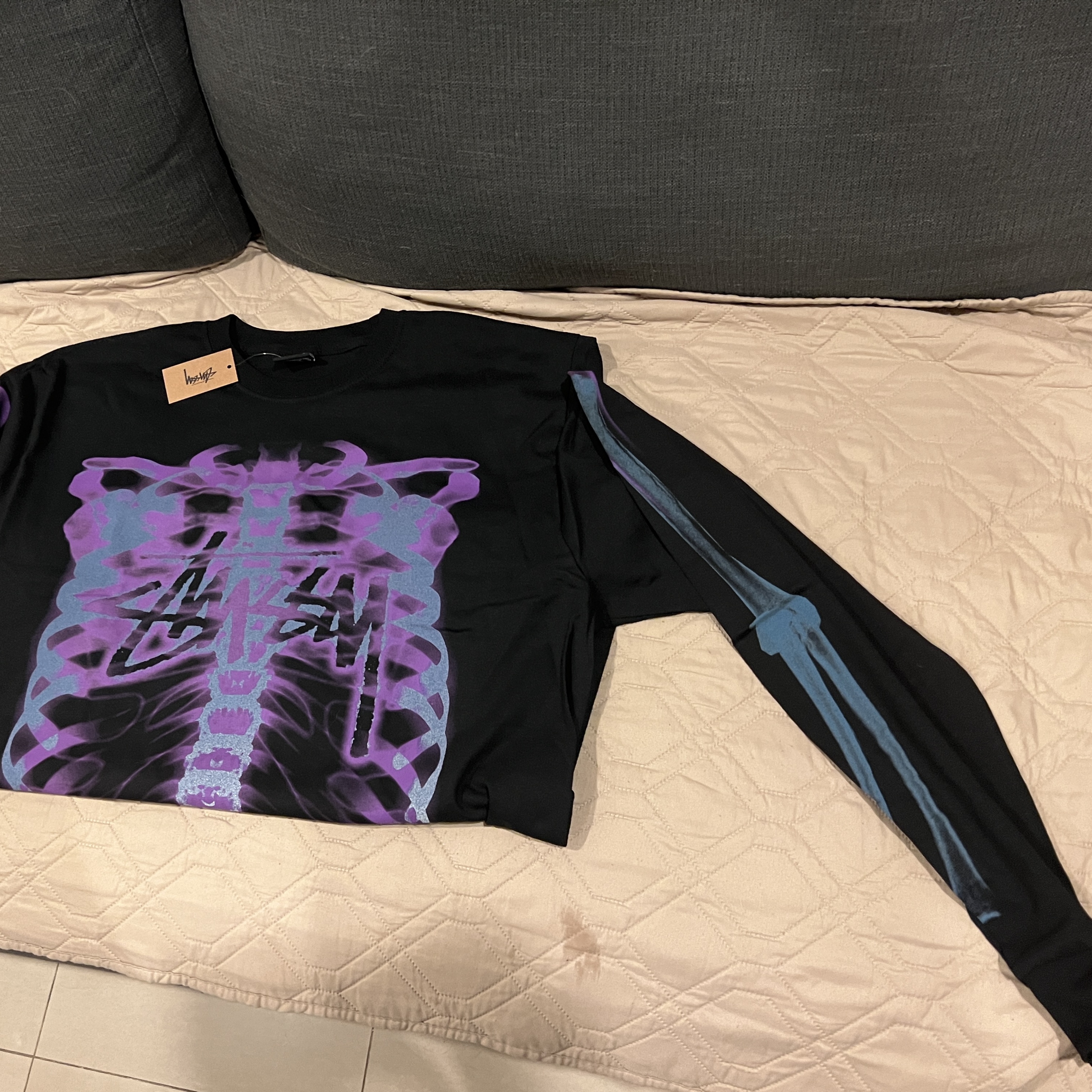 Stussy Rib Cage LS T-Shirt Black 착용 스타일 - 2