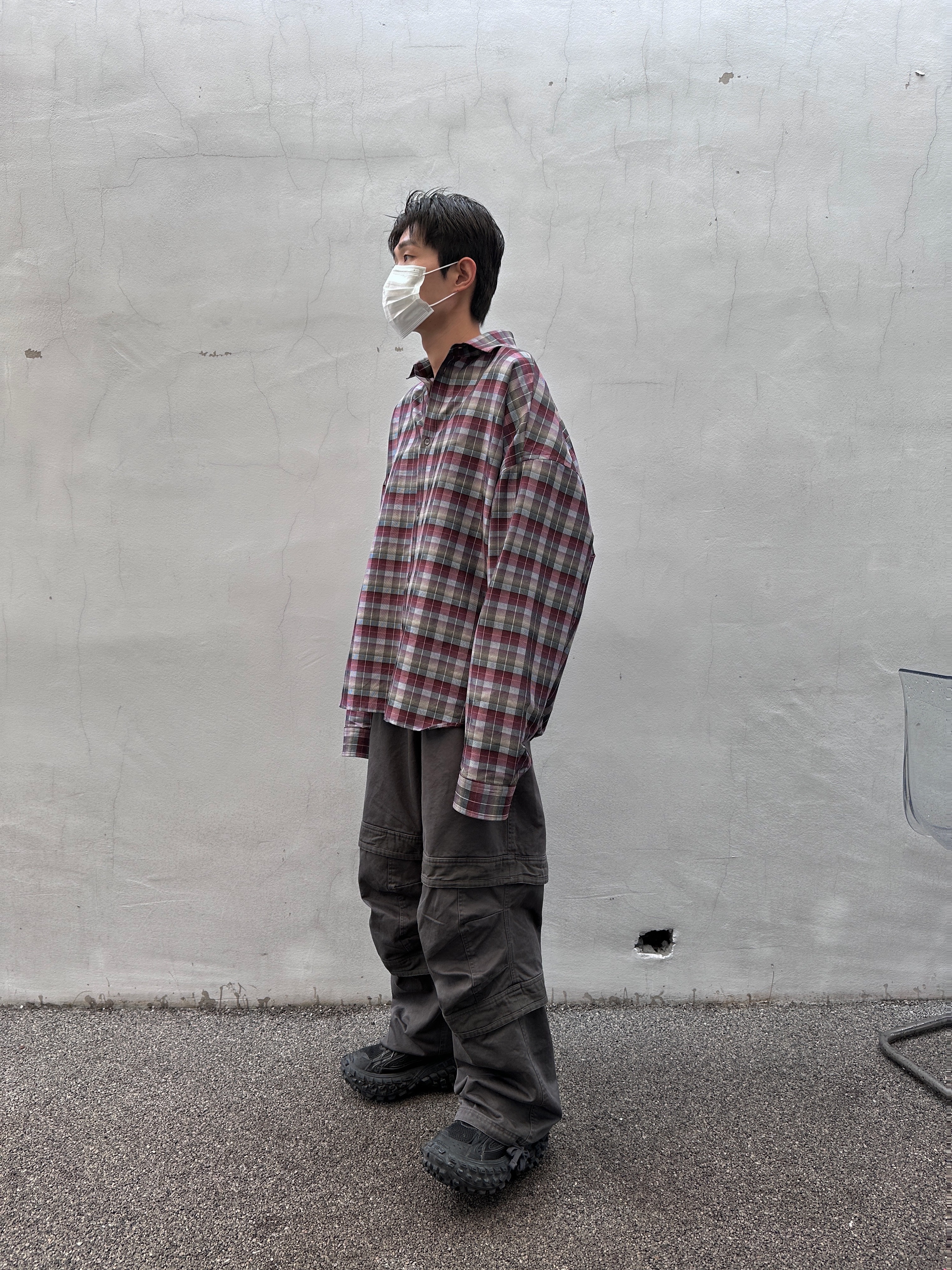 Nonnod Flexible String Check Shirts Wine, Farfromwhat Far Layered Work Pants Charcoal 착용 스타일 - 4