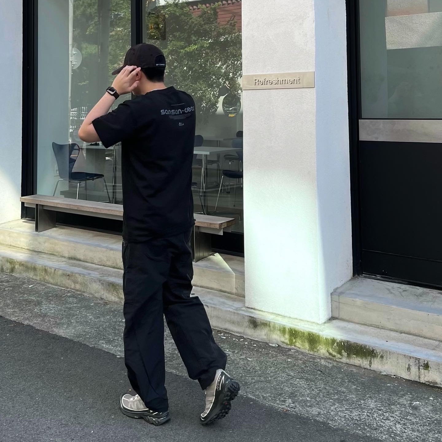 Sansan Gear Logo T-Shirt Black - 23SS, Salomon XT-6 FT Vintage Khaki 착용 스타일 - 2