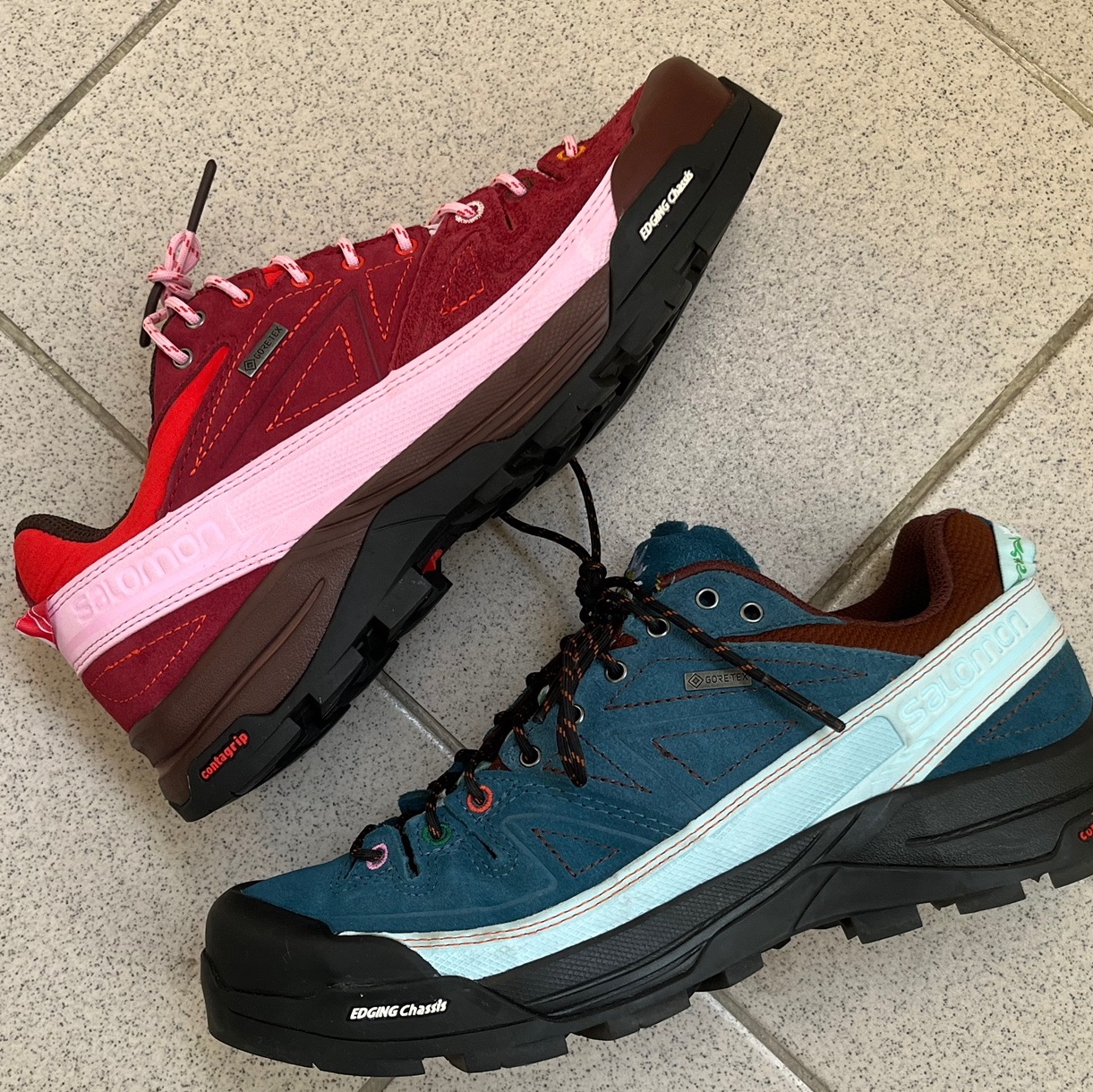 Salomon x The Broken Arm X-Alpages GTX Biking Red, Salomon x The Broken Arm X-Desalpes GTX for TBA Blue 착용 스타일