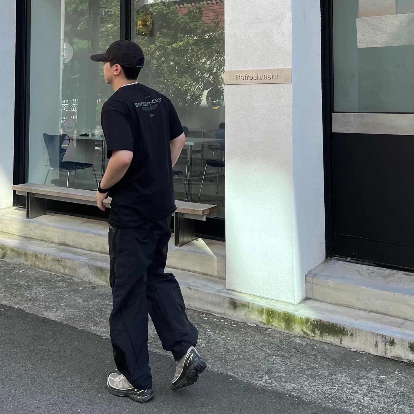 Sansan Gear Logo T-Shirt Black - 23SS, Salomon XT-6 FT Vintage Khaki 착용 스타일 - 1
