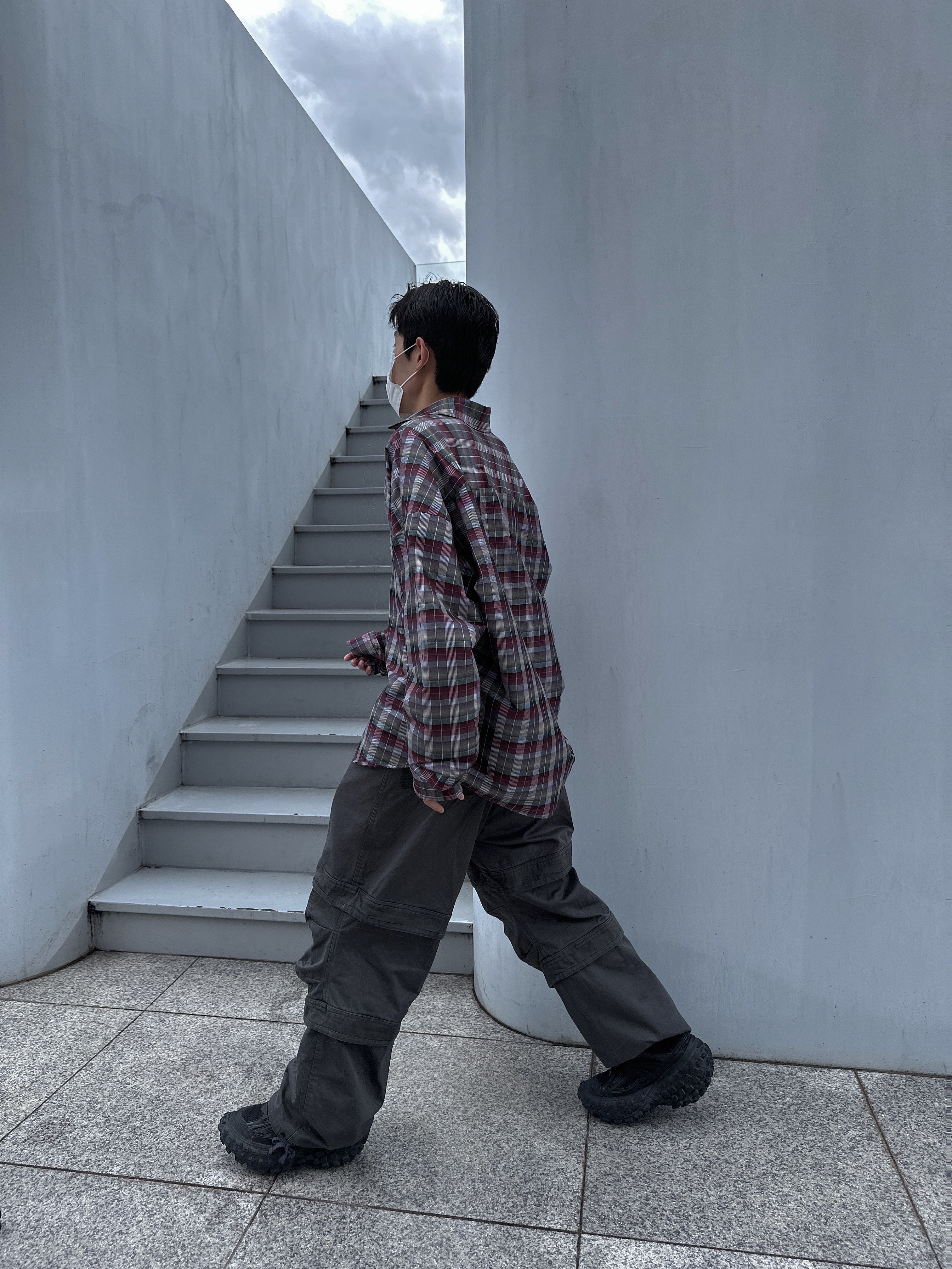 Nonnod Flexible String Check Shirts Wine, Farfromwhat Far Layered Work Pants Charcoal 착용 스타일 - 5