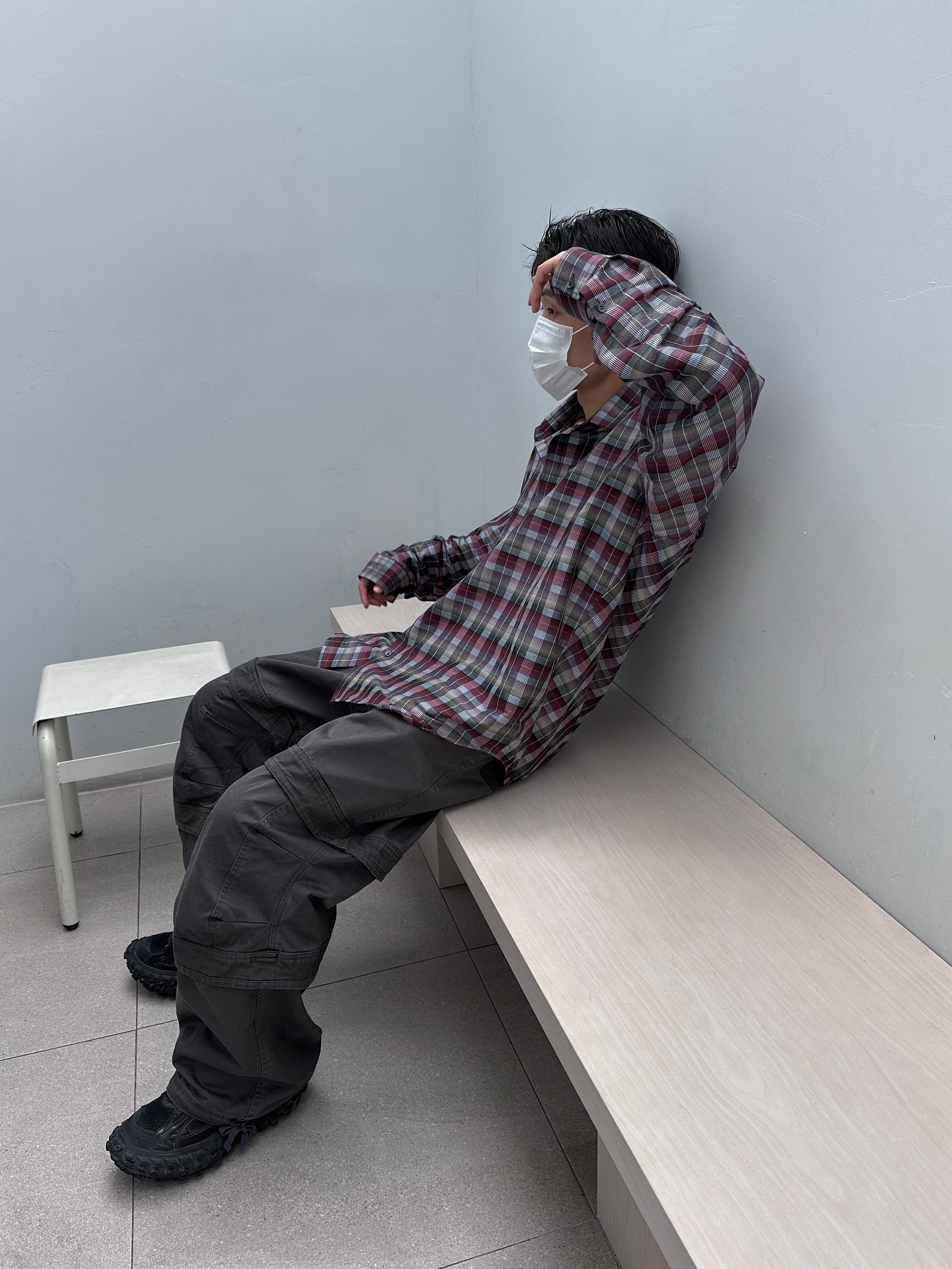Nonnod Flexible String Check Shirts Wine, Farfromwhat Far Layered Work Pants Charcoal 착용 스타일 - 3