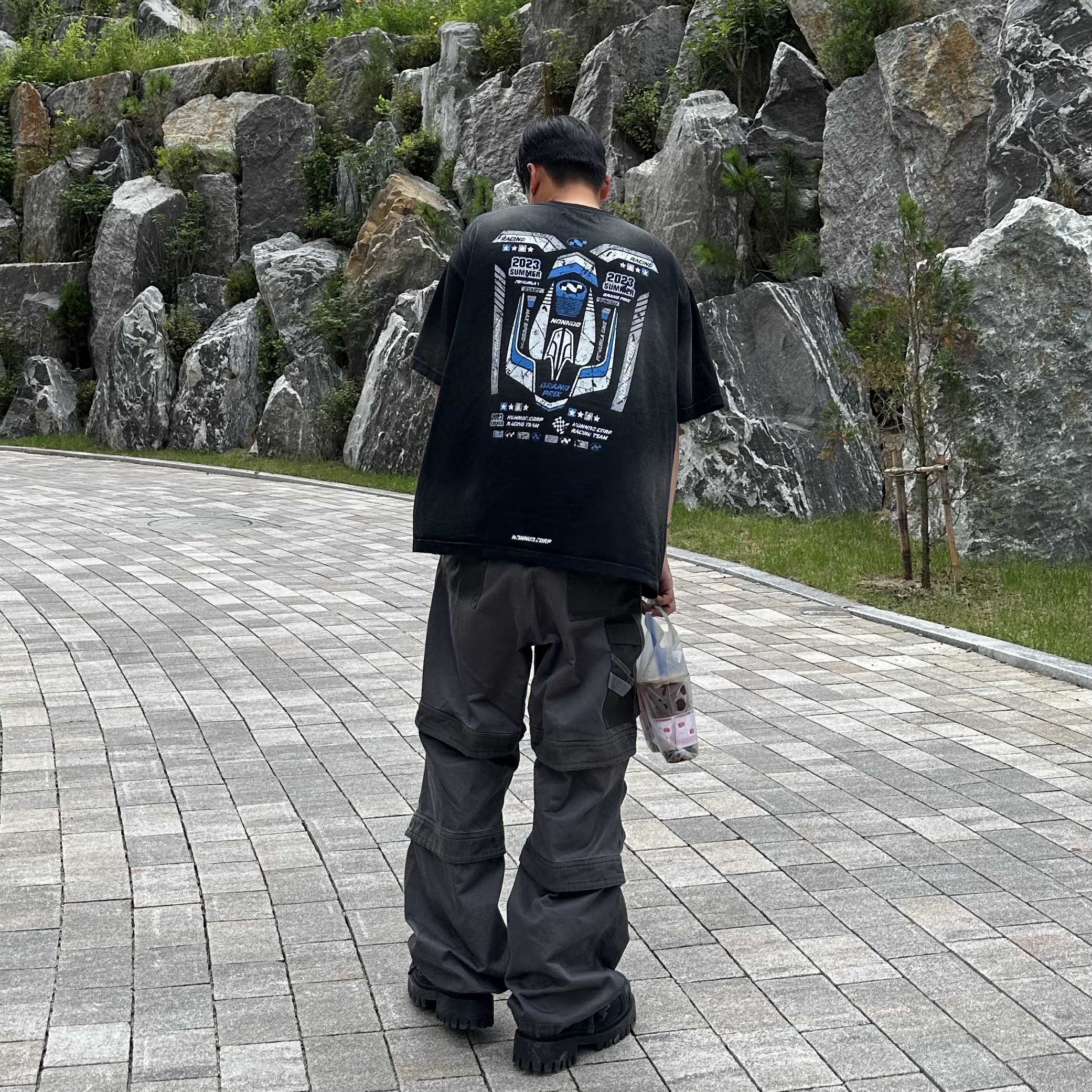 Nonnod Grandprix T-shirt Washed Black, Balenciaga Combat Strike 20mm Boots Black 착용 스타일