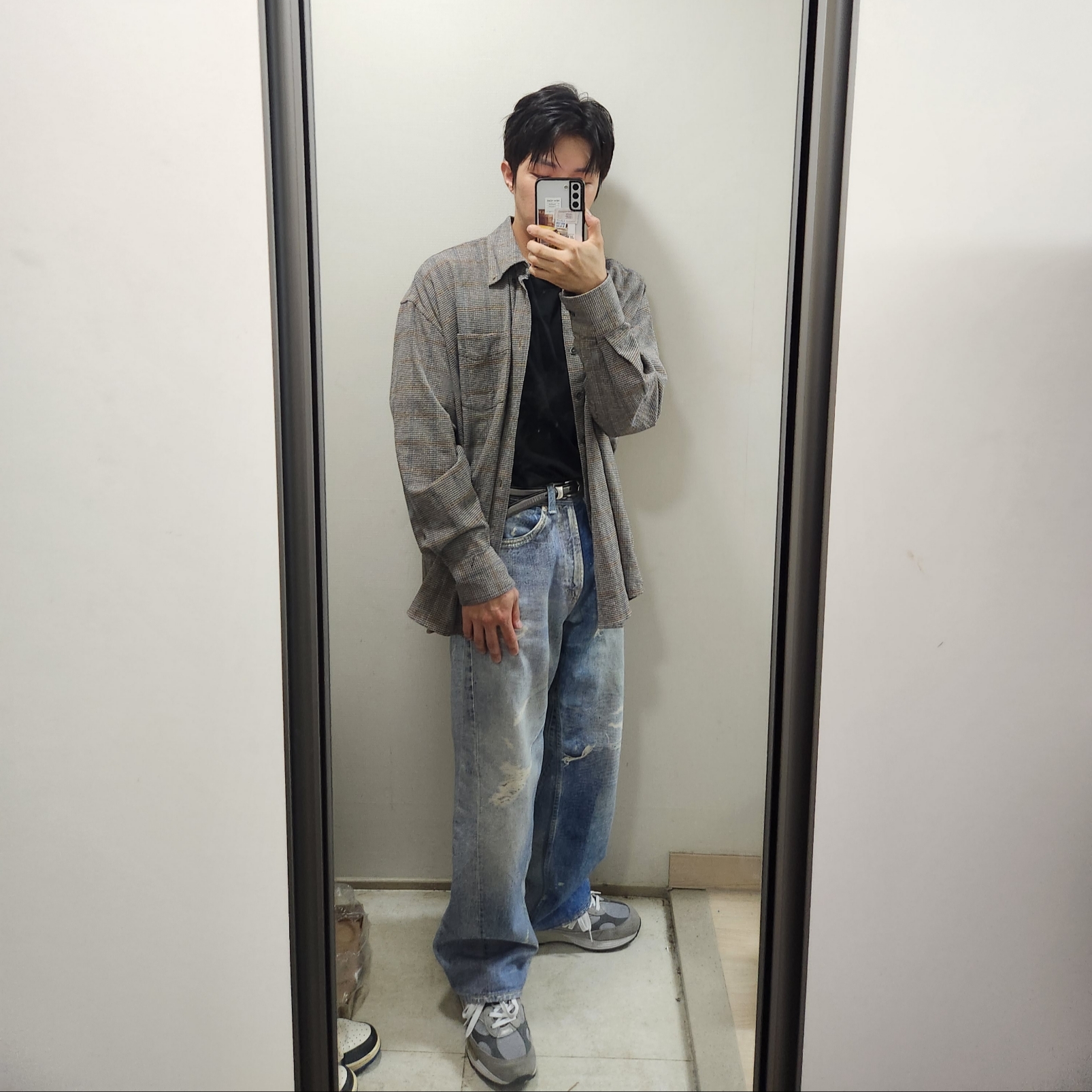 Our Legacy Borrowed BD Shirts Analog Dissonance Check, Our Legacy Third Cut Digital Denim Print 착용 스타일