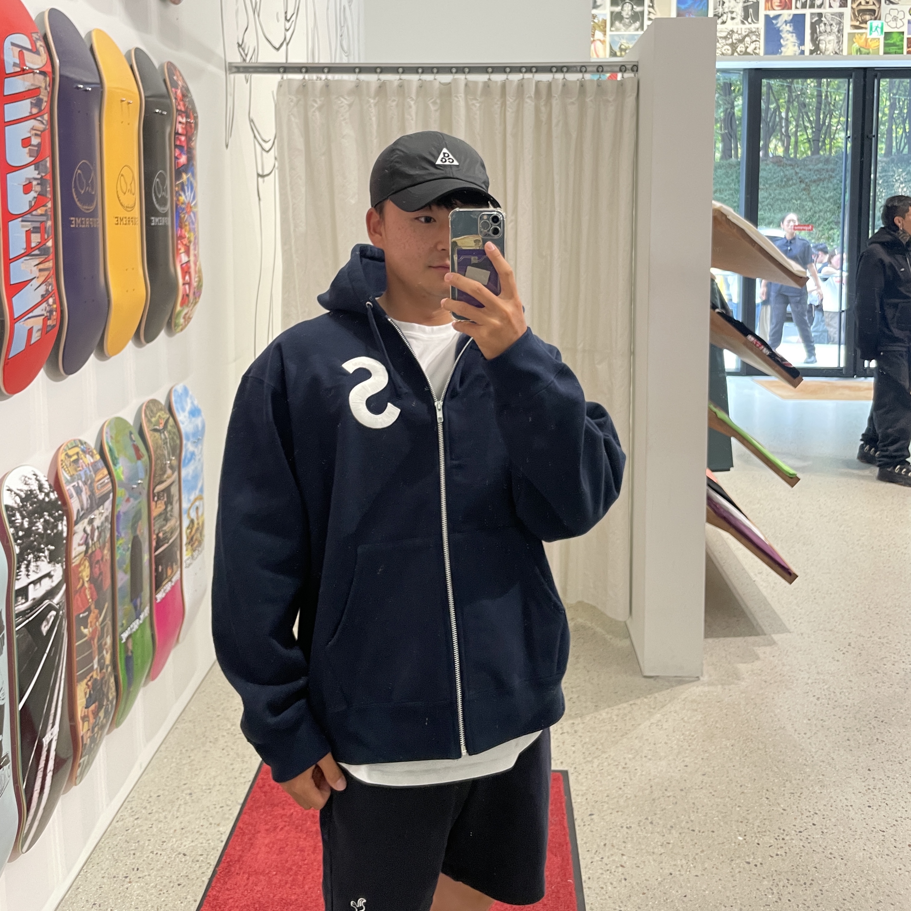 Supreme S Logo Zip Up Hooded Sweatshirt Navy - 23FW, Nike ACG Trail Cap Black 착용 스타일