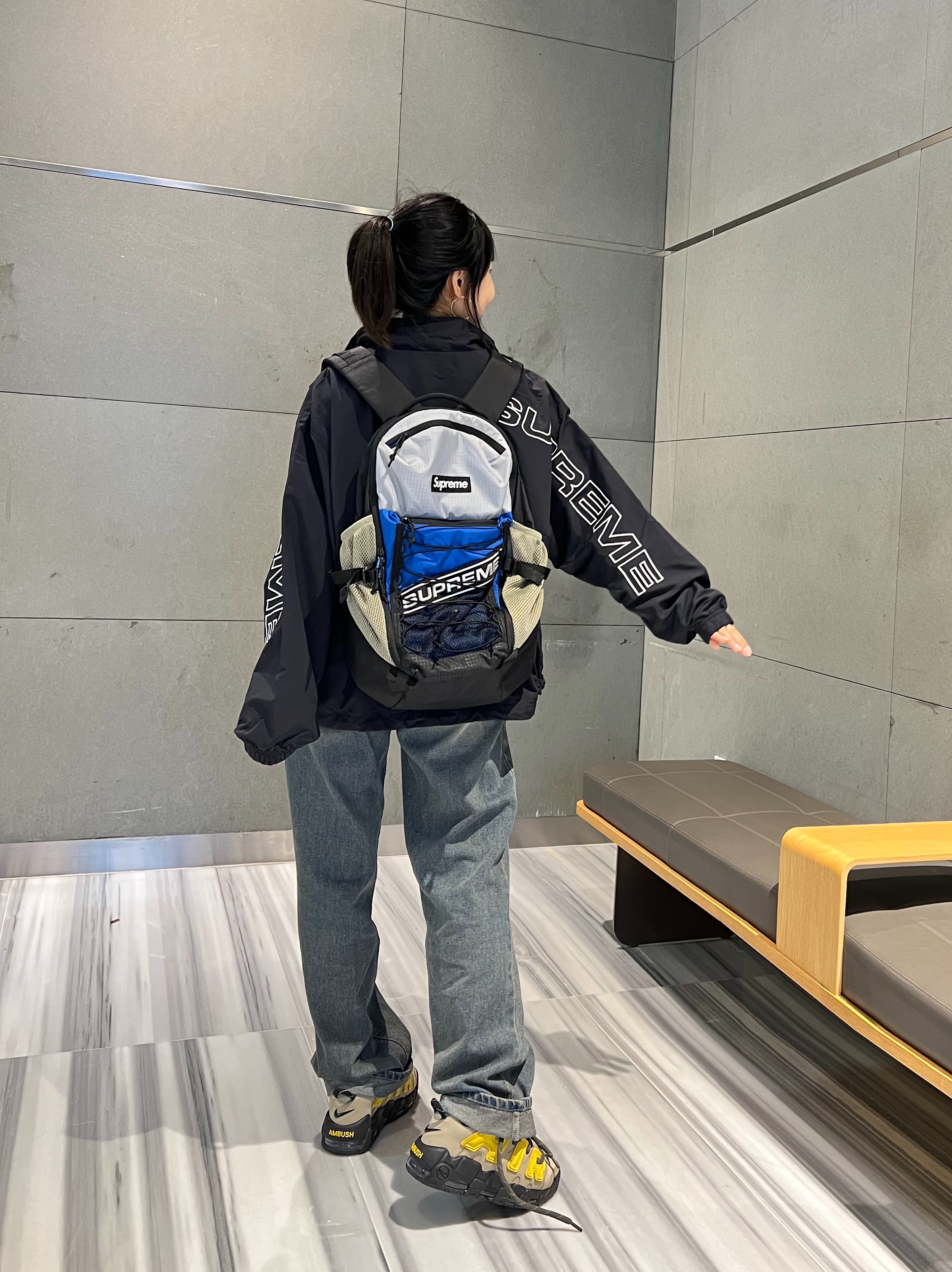 Supreme Backpack Blue - 23FW, Supreme Spellout Embroidered Track Jacket Black - 23FW 착용 스타일 - 3