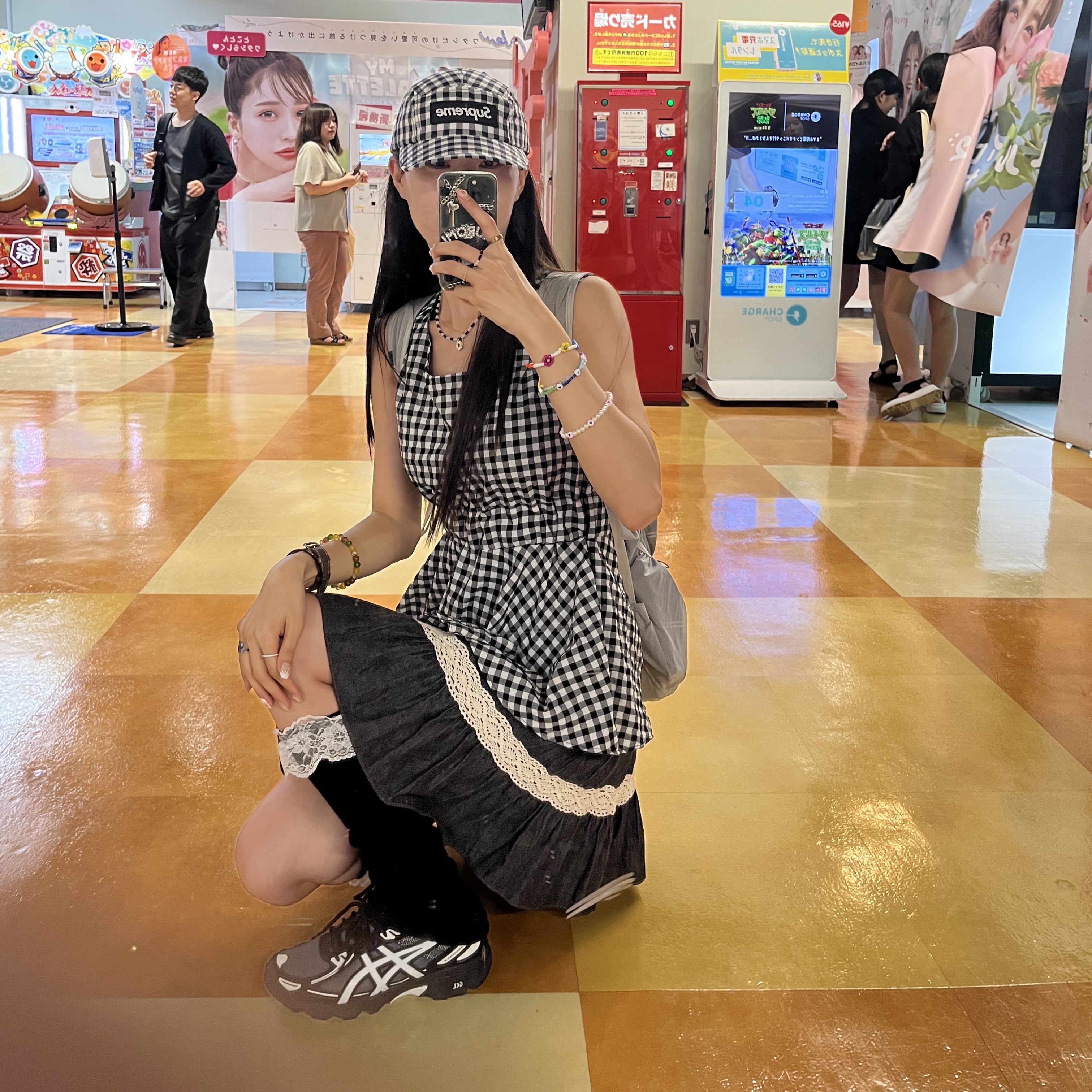 Asics Gel-Venture 6 Carrier Grey, Supreme Gingham Camp Cap Black - 23SS 착용 스타일 - 2