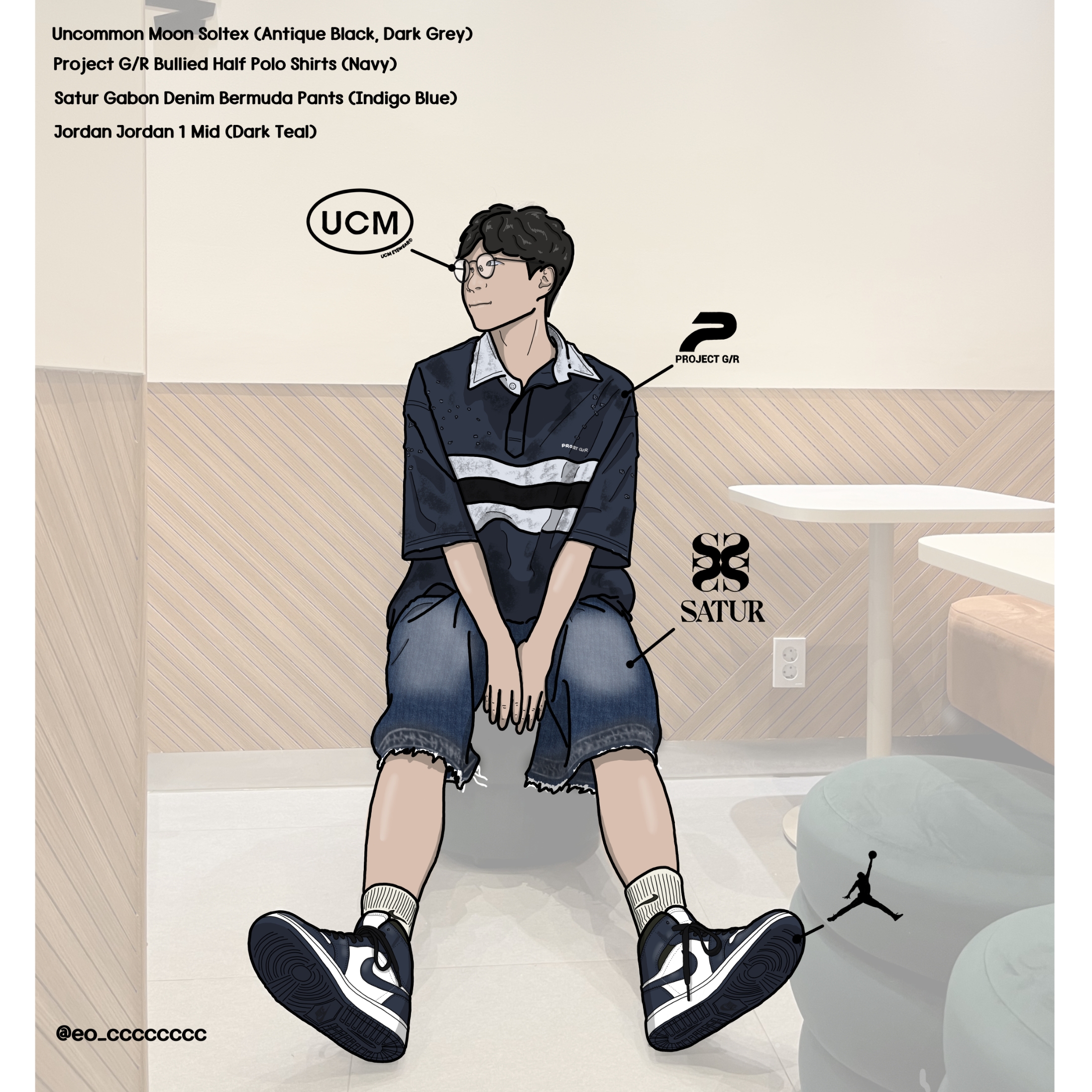 Project G/R Bullied Half Polo Shirts Navy, Jordan 1 Mid Dark Teal 착용 스타일 - 2