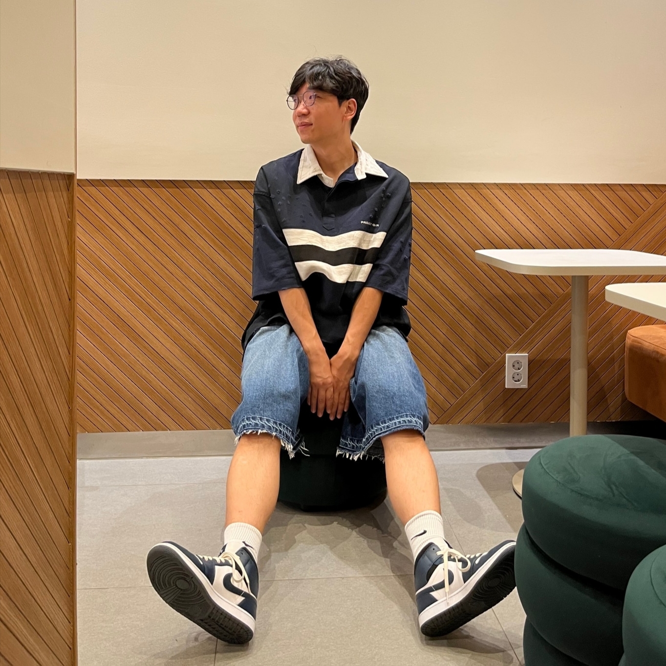 Project G/R Bullied Half Polo Shirts Navy, Jordan 1 Mid Dark Teal 착용 스타일 - 1