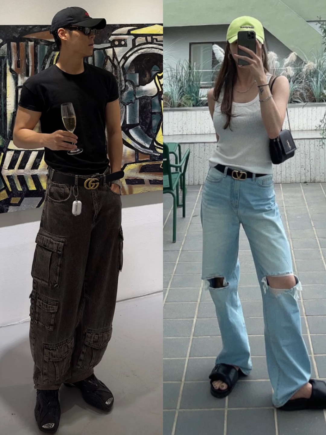 Gucci GG Marmont Leather Belt with Double G Buckle Black Brass, Zara Utility Cargo Jeans Black 착용 스타일 - 2