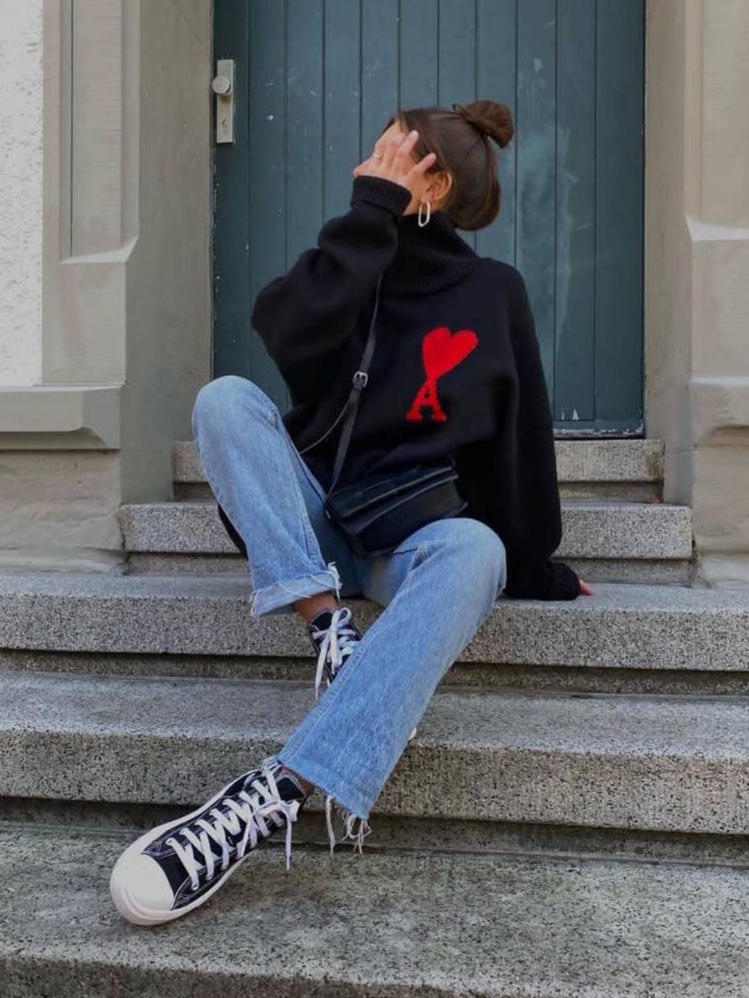Converse Chuck 70 Ox Black - Standard, AMI de Coeur Oversize Intarsia Sweater Black Red 착용 스타일 - 4