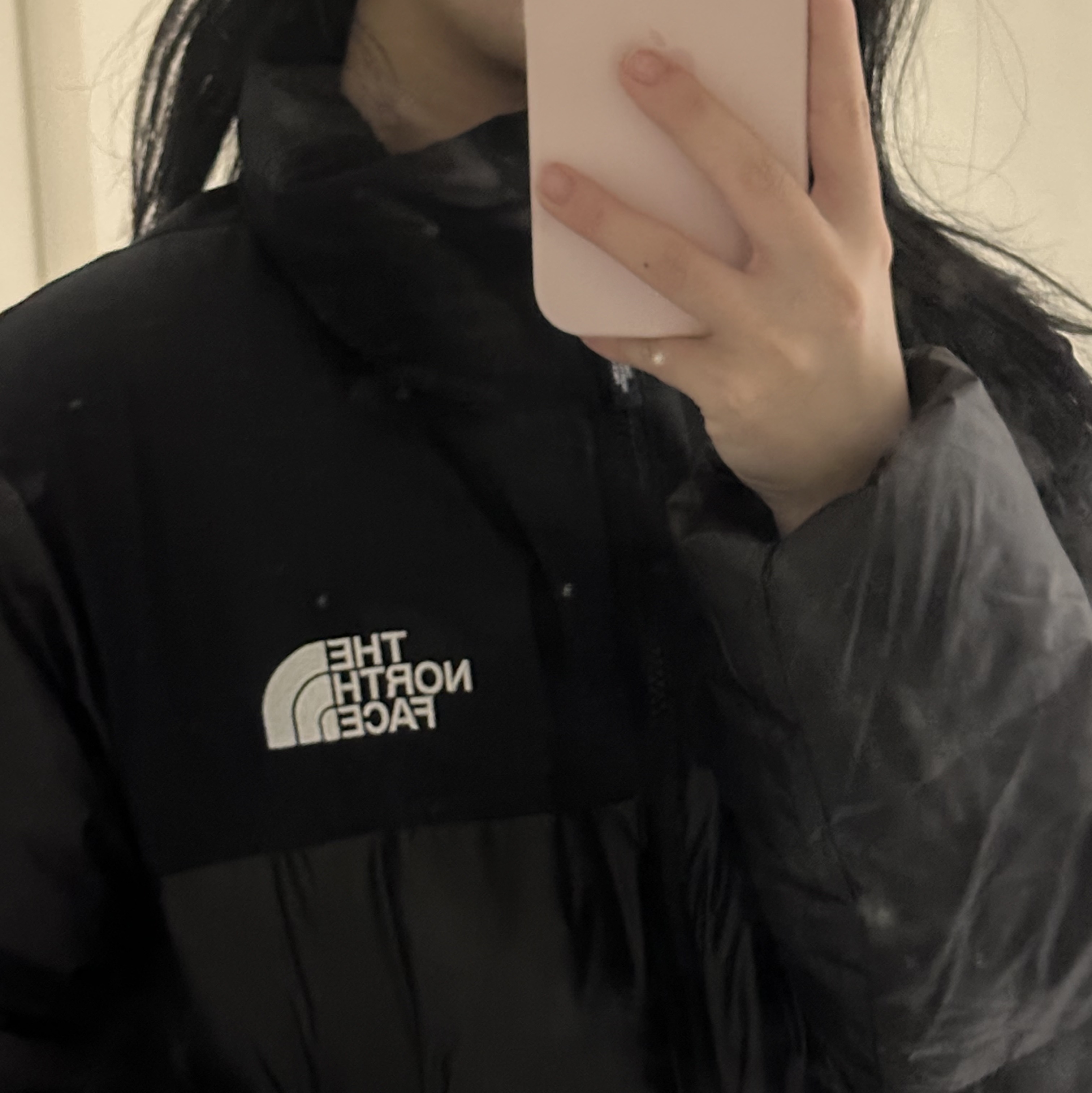 (W) The North Face White Label Novelty Nuptse Down Jacket Black 착용 스타일