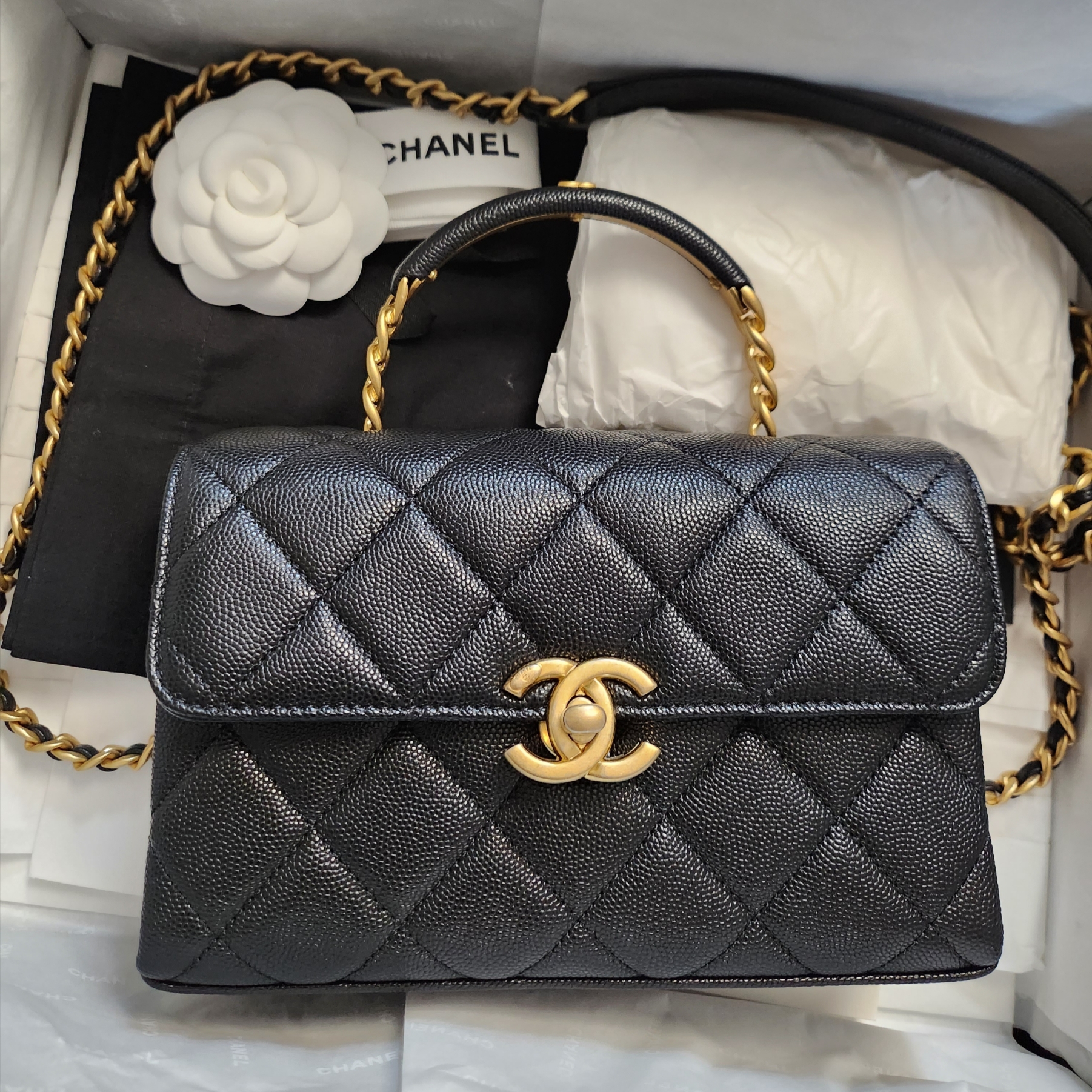 Chanel Mini Flap Bag with Top Handle Grained Shiny Calfskin & Gold Black 착용 스타일 - 4