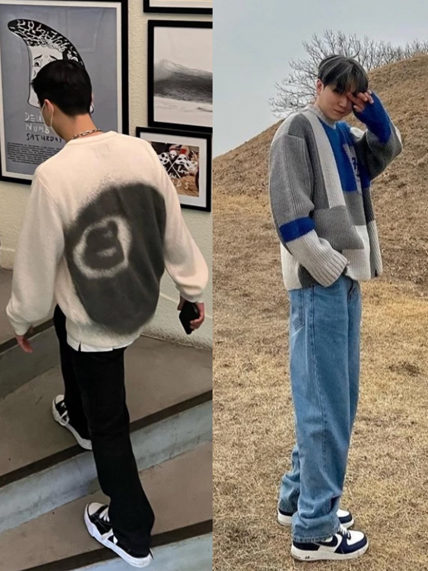 Zara x Ader Error Patchwork Oversize Knit Sweater Black, Nike x Sacai Zoom Cortez SP Iron Grey 착용 스타일 - 3